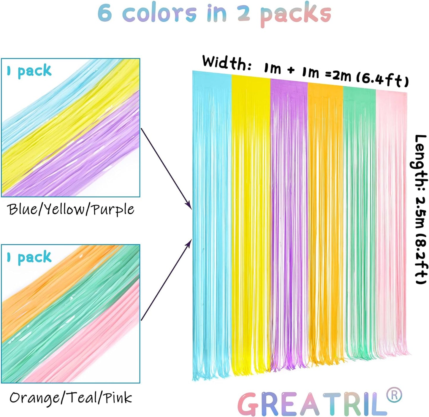 GREATRIL Iridescent Party Tinsel Fringe Backdrop Decorations - Holographic Foil Streamers Curtain for Mermaid/Under The Sea/Frozen/Ocean/Disco/Birthday Themed 3.2ft x 6.5ft - 2 PCS