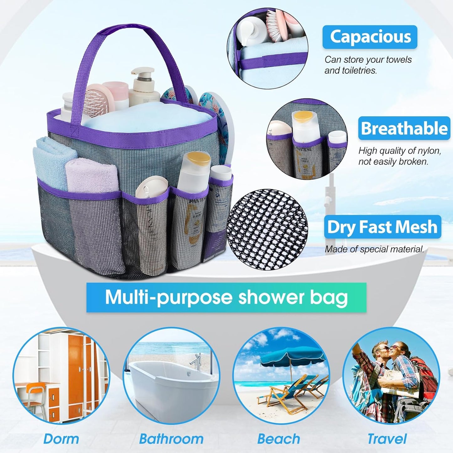 Attmu Mesh Shower Caddy Portable for College Dorm Room Essentials with 8 Pockets, Hanging Shower Caddy Basket Tote Bag Toiletry Accessories for Bathroom