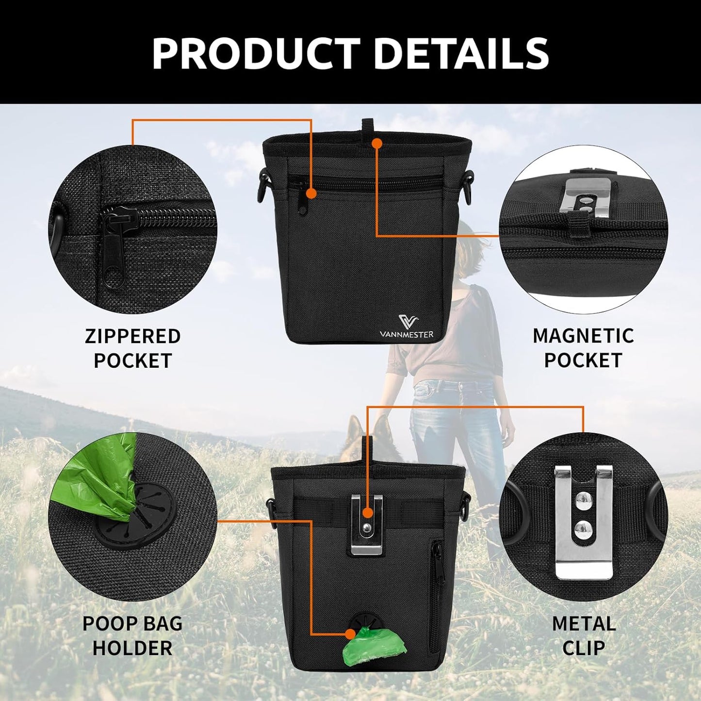 VANNMESTER Dog Treat Pouch for Training, 4 Ways to Wear Dog Training Bag Pouch,Dog Walking Bag Fanny Pack,Puppy Treat Pouch with Poop Bag Dispenser,Adjustable Strap-Black