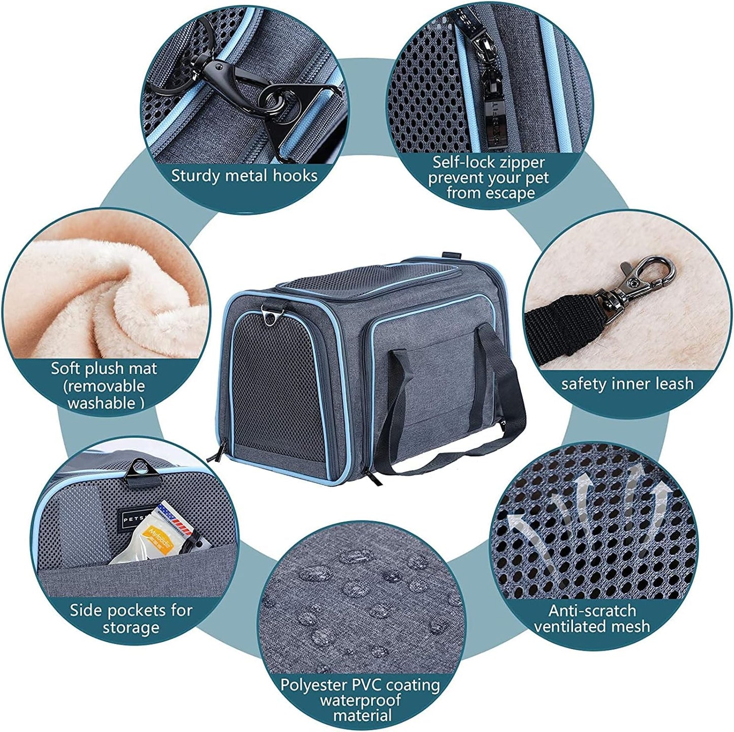 Petsfit Expandable Cat Dog Carrier Airline Approved, 17" L x 11" W x 11" H Soft-Sided Portable Pet Travel Carrier for Kitten, Puppy, Removable Soft Plush Mat and Pockets, Auto-Locking Zippers