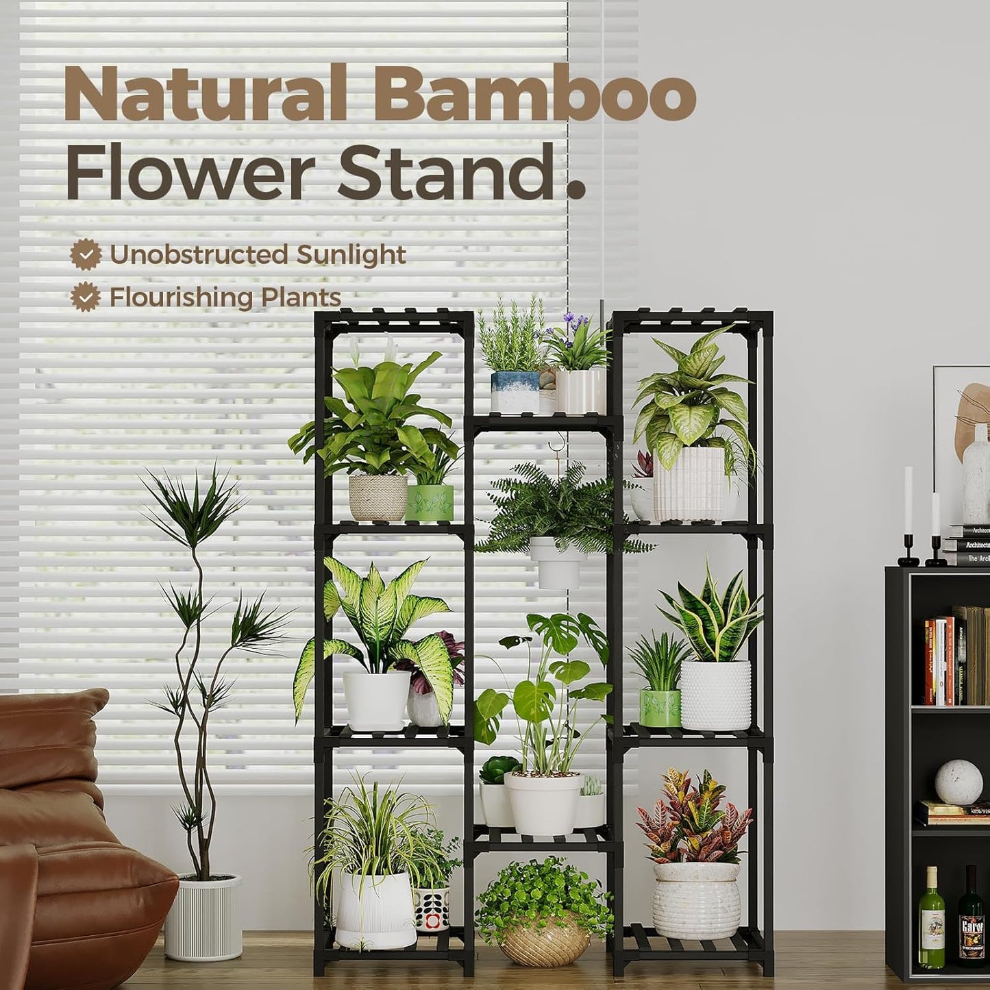 Bamworld Plant Stand Indoor Outdoor Hanging Plant Shelf for Multiple Plants Pots Wood Flower Stand Tall Large Flower Holder for Living Room, Patio, Balcony, Garden Decor, Brown