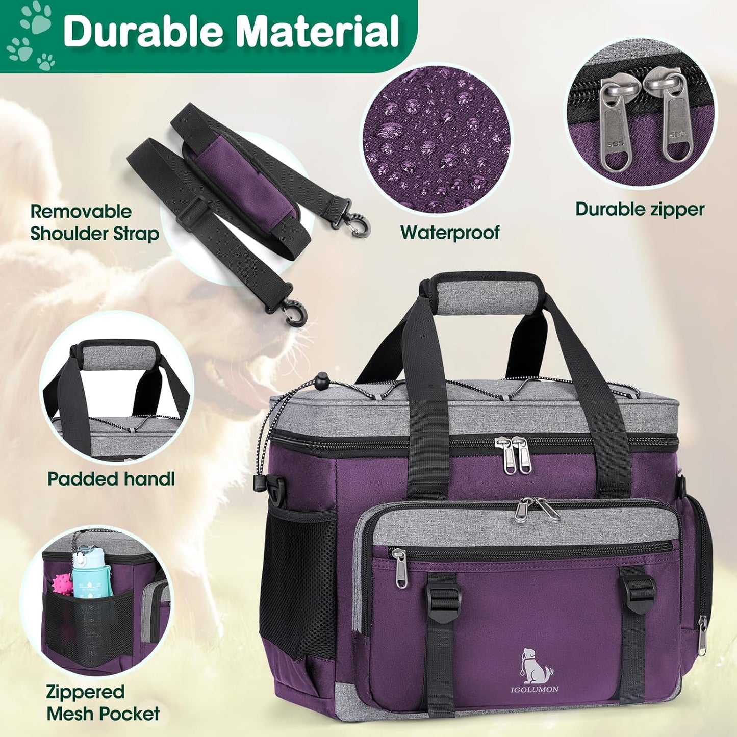 IGOLUMON Dog Travel Bag Weekend Pet Travel Bag Set for Supplies Large Dog Camping Kit Airline Approved Tote Organizer with Multi Pockets, 2 Large Food Containers, 2 Dog Bowls, 1 Feeding Mat