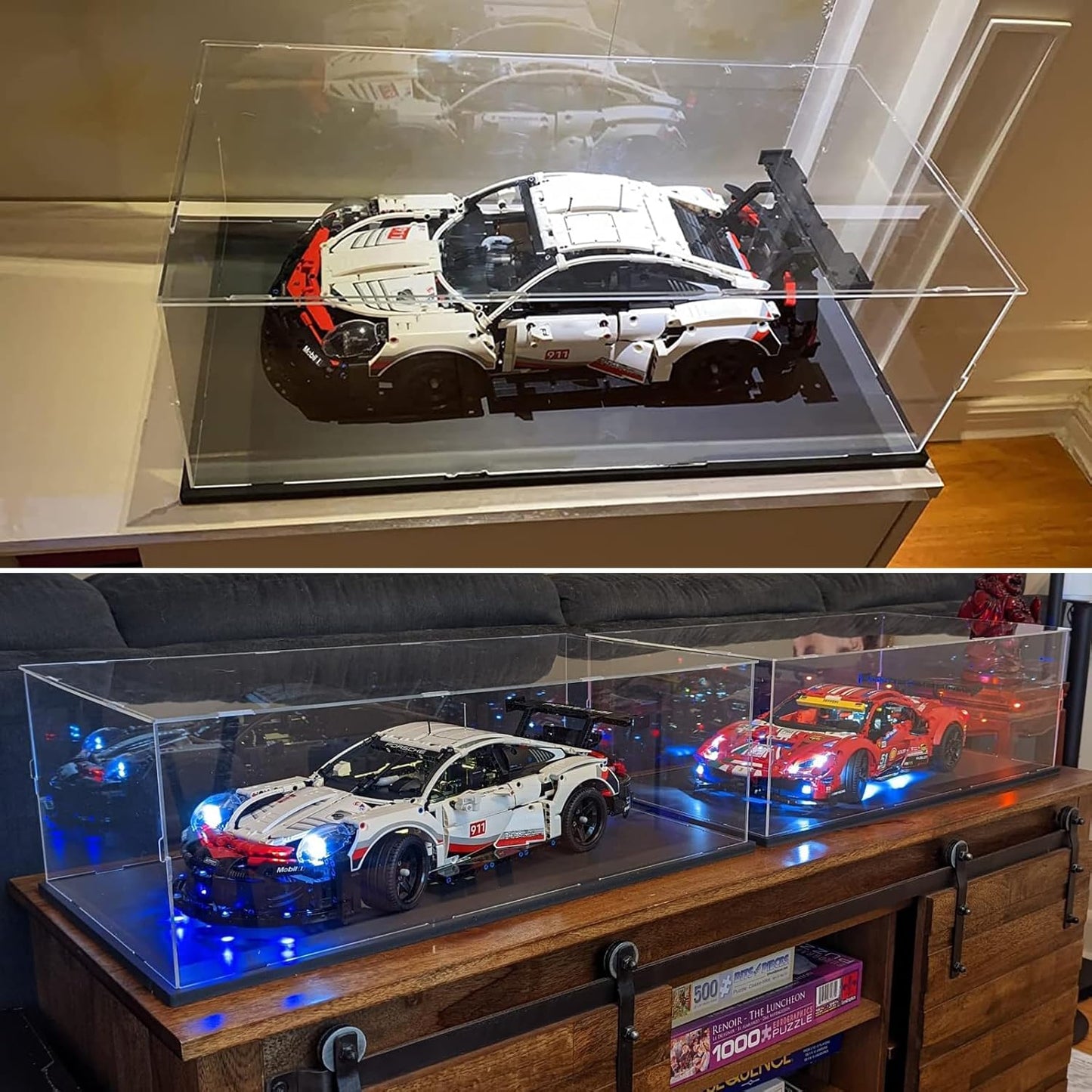 Thickened Clear Acrylic Display Case for Lego 10330 43268 76450 42170 10295 10353 Collectibles, Transparent Box Dustproof Protection with Wood-Plastic Base & String Light, Black Inside 40x20x20cm