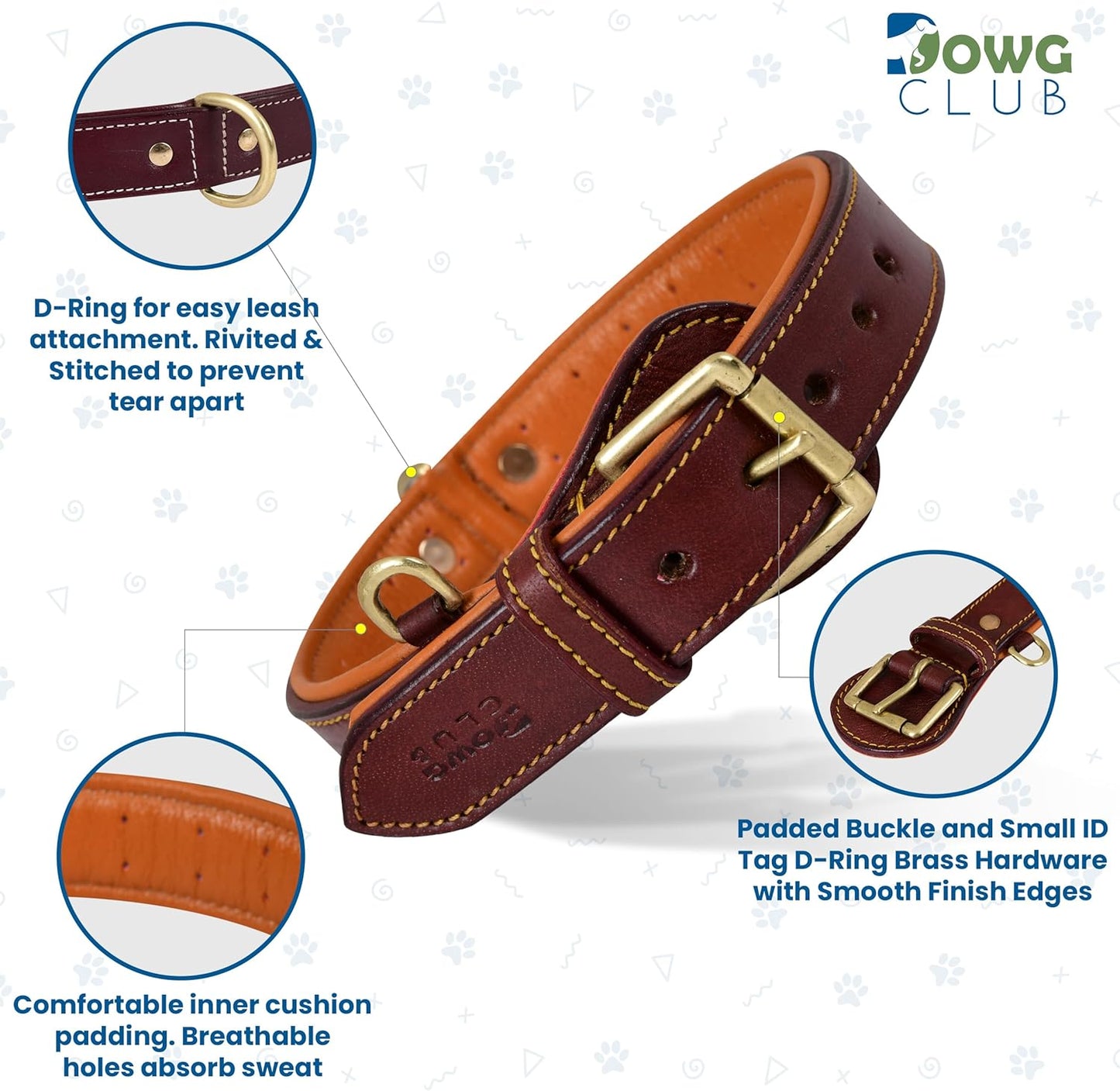 DowgClub | Genuine Leather Dog Collar | Full Grain, Heavy Duty | Comfortable, Strong | Best for Pups, Small, Medium & Large Breeds | Pink, Brown, Black, Tan