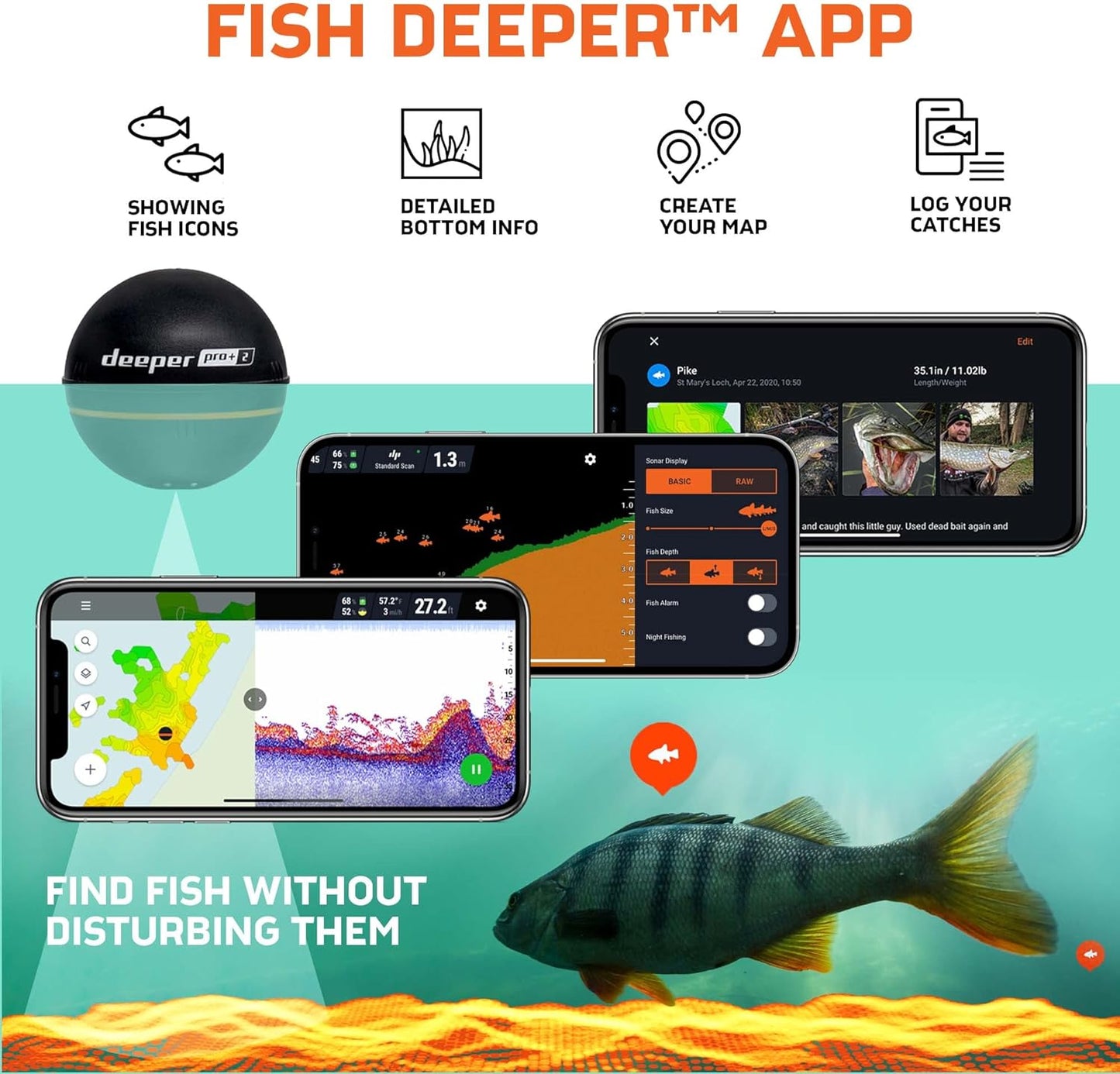 Deeper PRO+ 2 Sonar - Portable Fish Finder and Depth Finder for Kayaks, Boats and Ice Fishing with GPS Enabled | Castable Deeper Sonar with Free User Friendly App