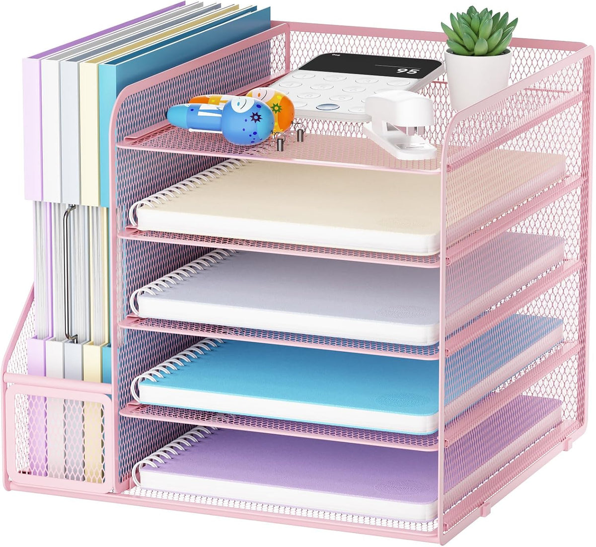 Marbrasse Desk Organizers and Accessories, 5-Tier Paper Letter Tray Organizer with File Holder, Mesh File Organizer for Desk, Office Desk Accessories & Organization for Supplies (Pink)