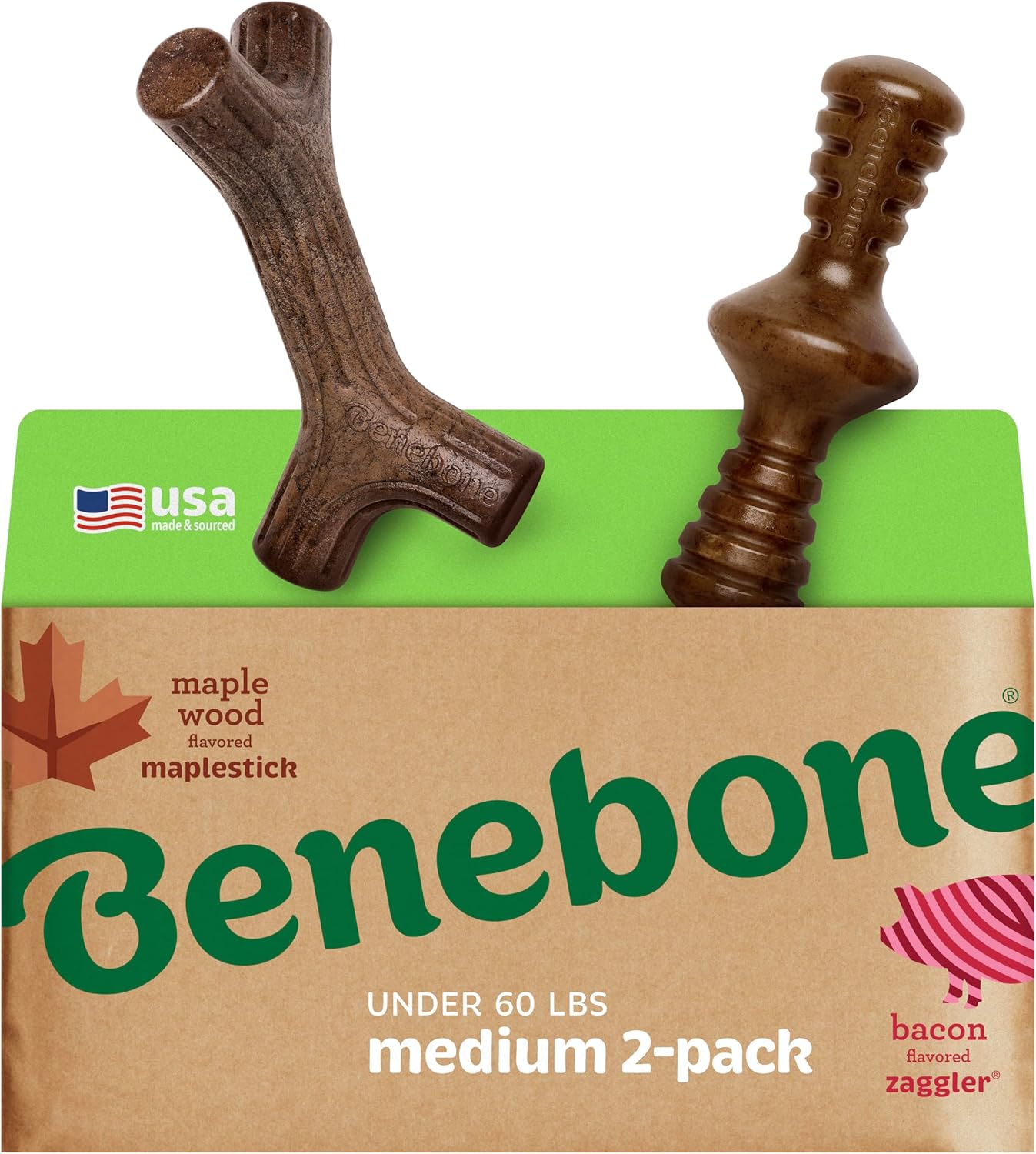 Benebone 4-Pack Durable Dog Chew Toys for Aggressive Chewers, Real Flavors, Made in USA, Medium