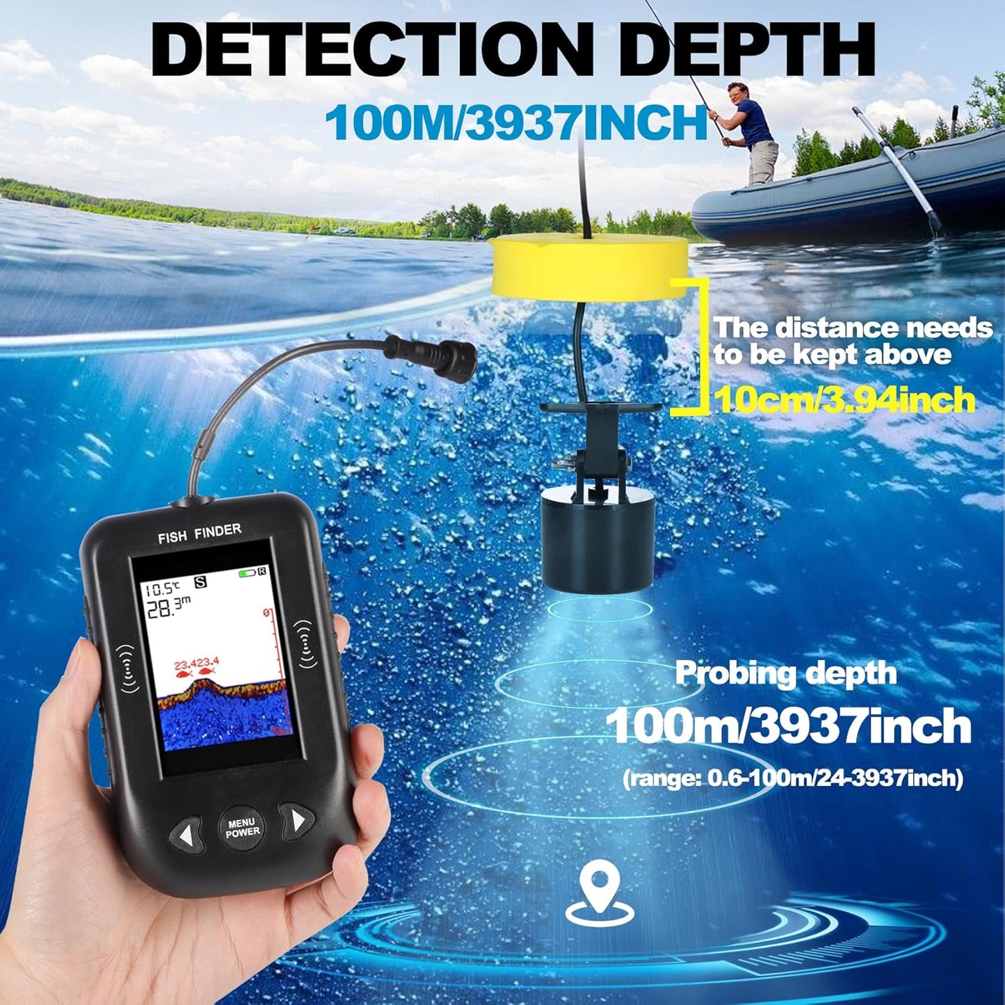 Portable Fish Finder, Water Handheld Fish Depth Finder Sonar Kayak Boat Fishfinder Transducer Fishing LCD Display