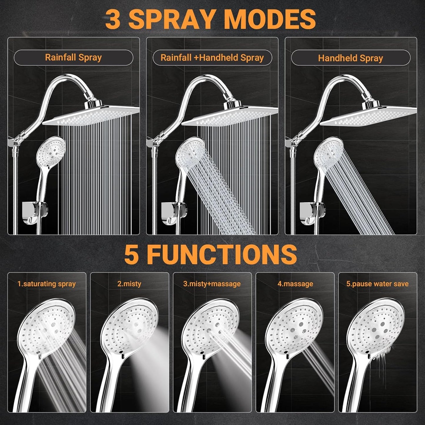 COSYLAND Rain Shower Head with Handheld - 304 Stainless Steel High Pressure 8 inch Square Rainfall Showerhead Combo with 5 Spray Mode 11 inch Extension Adjustable Arm & 60 inch Hose - Chrome