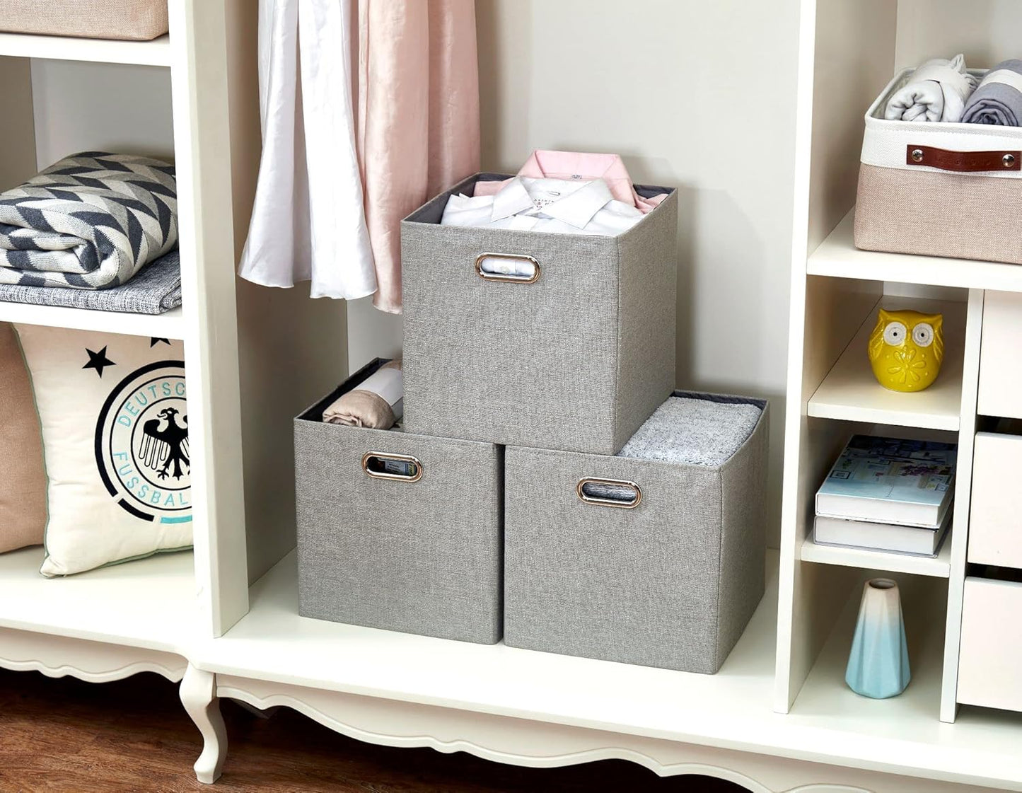DECOMOMO Fabric Cube Storage Bin - Storage Baskets for Shelves, Kallax (Grey & White, 13 inch Cube) - 4 Pack