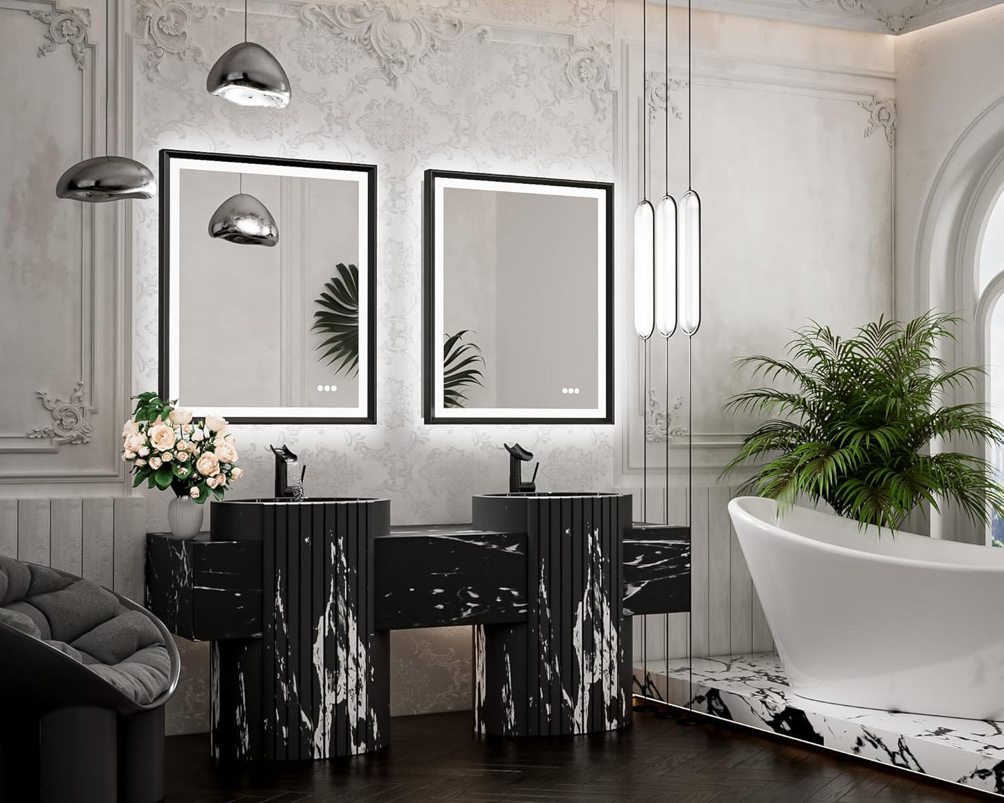 TETOTE 28x36 LED Mirror for Bathroom Black Metal Frame Frontlit & Backlit Lighted Vanity Mirror Baroque Gothic Anti Fog Stepless Dimmable White/Warm/Natural,Wall Mounted(Horizontal/Vertical)
