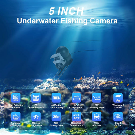 Underwater Fishing Camera, Portable Video Cameras Fish Finder, 5 Inch HD LCD Monitor, 8pcs Infrared Lights Night Vision, Waterproof Fishing Camera for Ice Lake Boat Sea Kayak Fishing - PuriLite