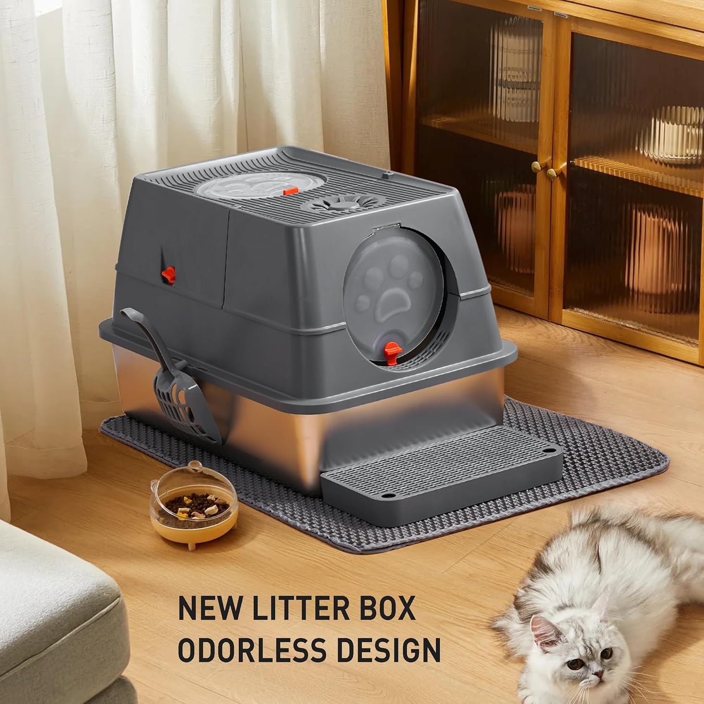 Citylife Stainless Steel Litter Box with Lid Flip-Top Removable High Enclosed Cat Litter Box with Litter Mat Step&Litter Scoop Metal Litter Pan Easy Cleaning Odor-Resistant Large Space for Cats Black