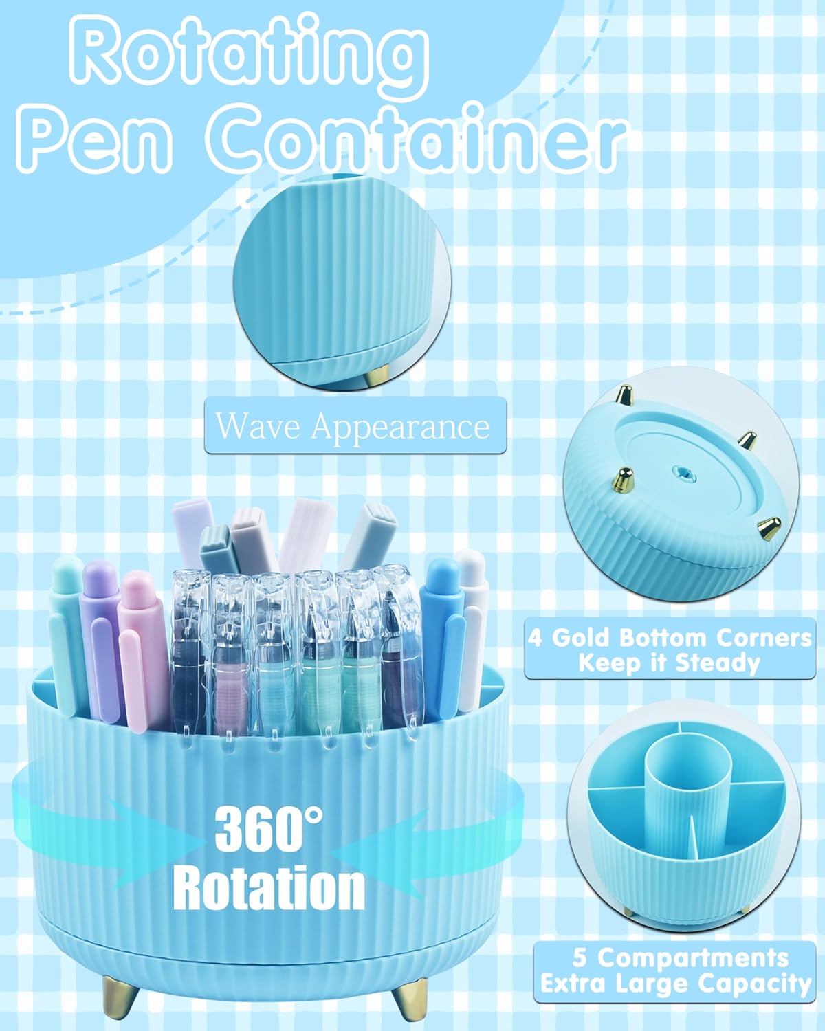 LXEVIHK Blue Desk Accessories, 20 Pieces Office Supplies, 360° Pen Holder Desk Organizer, Tape Dispenser, Stapler, Stapler Remover, Blue Color on Desktop