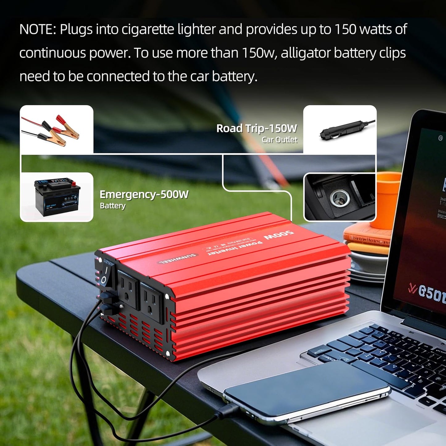 SUNWHEEL 500W Power Inverter DC 12V to 110V AC Car Inverter with 2 x 3.1A USB Ports and Dual AC Outlet, Equipped with 1 Cigarette Lighter and 2 Battery Clamps for Road Trip and Camping