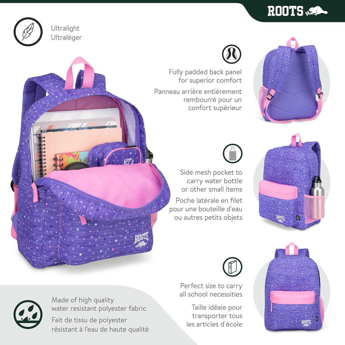 Roots Essential 3-in-1 Matching Water Resistant Kids Backpack and Lunch Bag Set with Bonus Pencil Case - Made From 100% Recycled Fabrics - 22.5 litres, Purple Pink Polka Dot - PuriLite