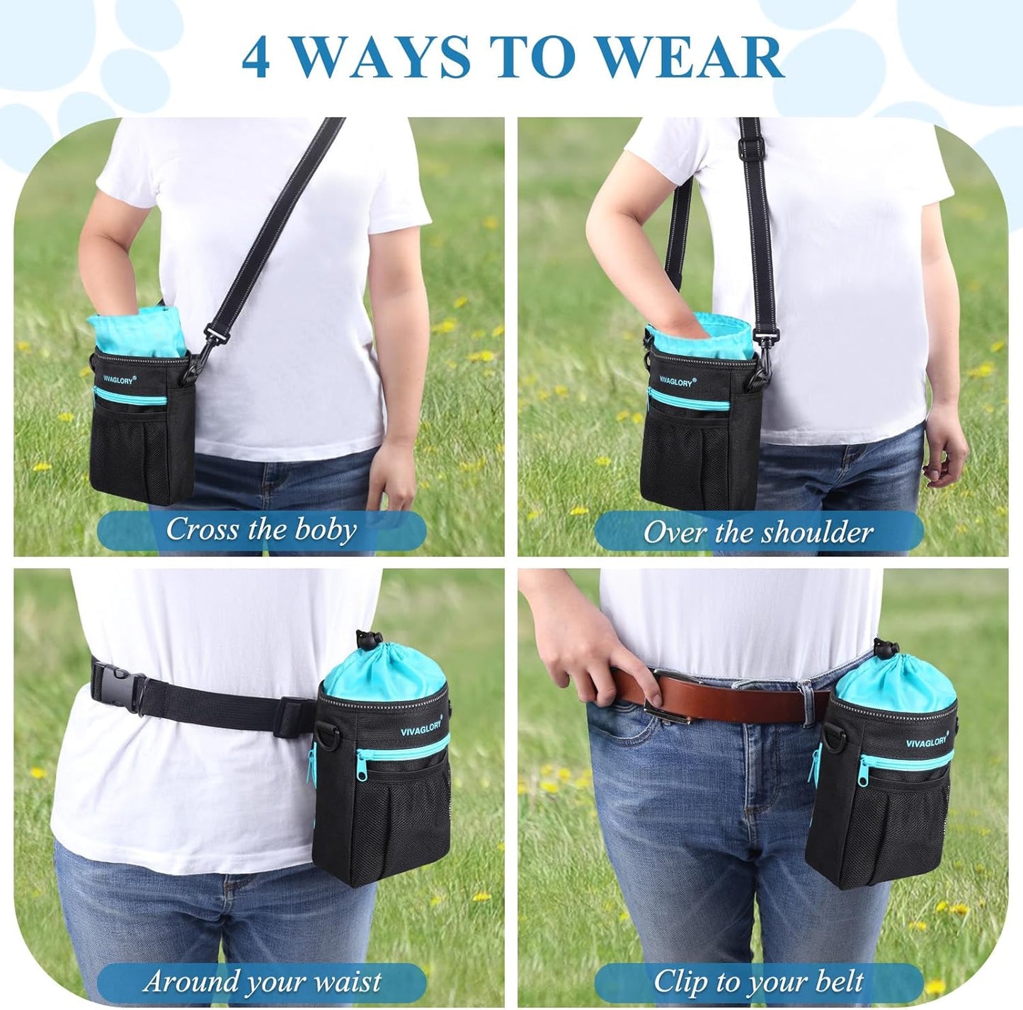 VIVAGLORY Dog Training Treat Pouch, 4Ways to Wear Dog Treat Bags, Built in Dog Waste Bag Dispenser Treats Training Bags with Reflective Adjustable Shoulder Strap, Black