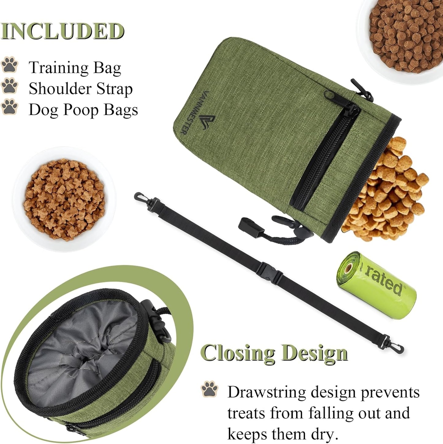 VANNMESTER Dog Training Treat Pouch,Hands-Free Dog Treat Bag,Puppy Treat Pouch,Dog Training Bag with Adjustable Belt, Metal Clip-Green
