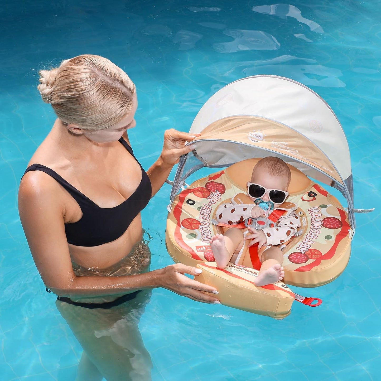 Mambobaby Baby Swim Float with Canopy, Non-Inflatable Solid Baby Float, Upgrade Soft Skin-Friendly Material Infant Swim Float