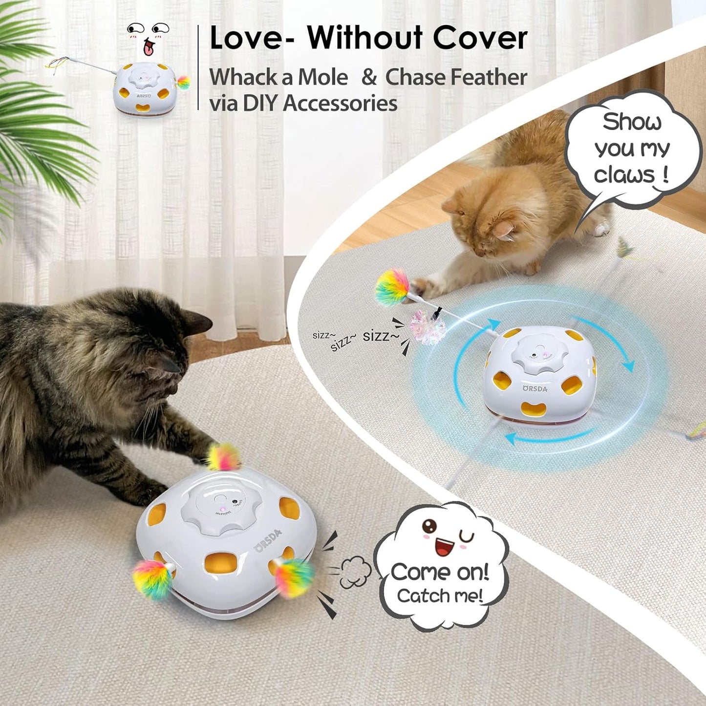 ORSDA Cat Toys Interactive, 4 in 1 Automatic Cat Toy, Hide and Seek, Whack a Mole, Magic Wand, Chasing Feather, with 4 Replacements, USB Rechargeable, for All Breed Sizes