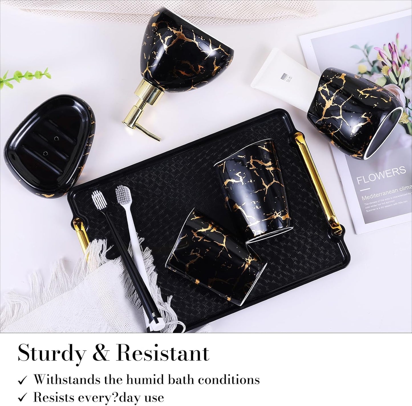 White Bathroom Accessories Set,Modern Countertop Bathroom Decor,Luxury 6 Piece Bathroom Accessory Set,Complete with Soap Dispenser,Toothbrush Holder,Tumbler,Tray