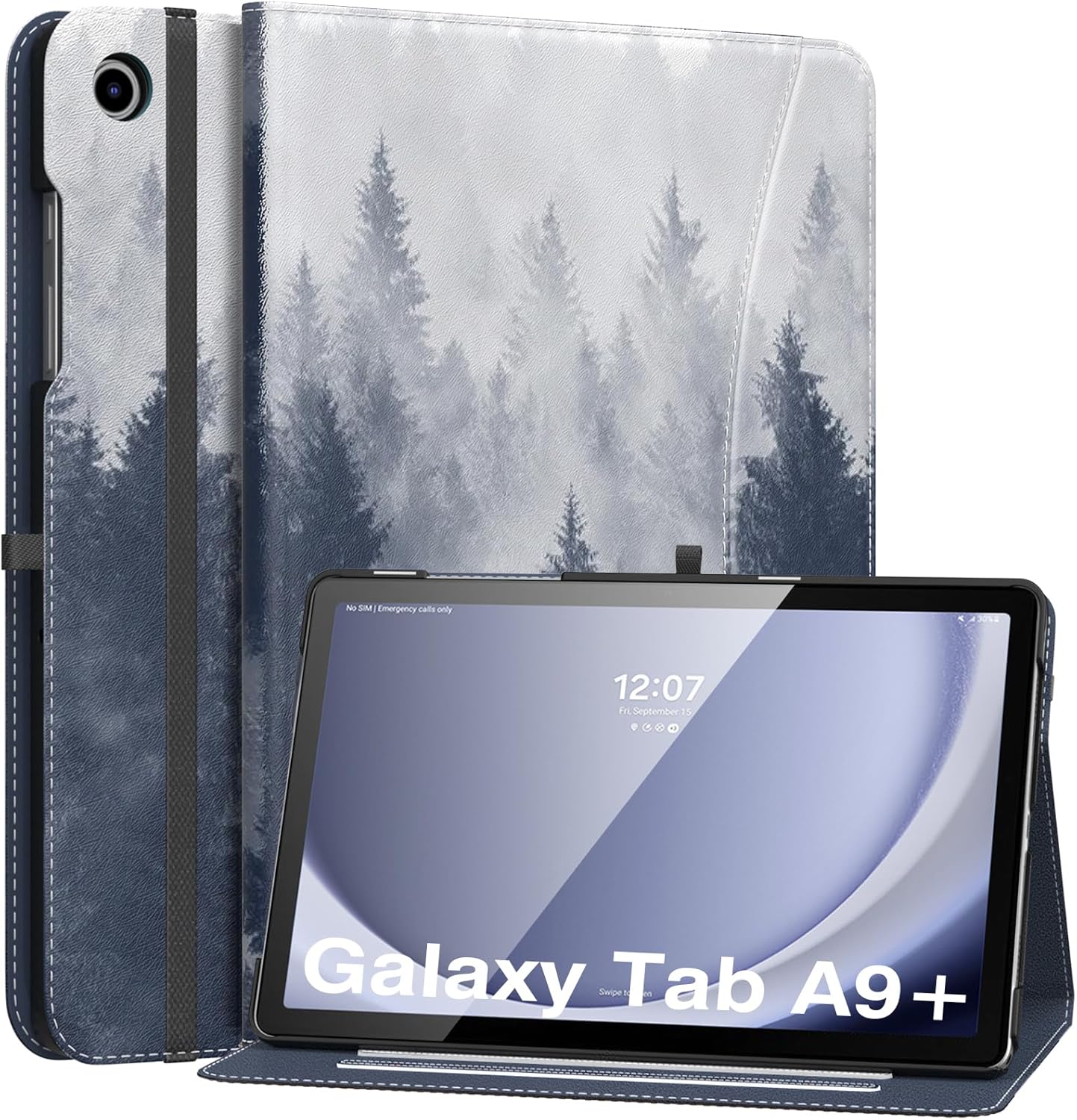 MoKo Case for Samsung Galaxy Tab A9 Plus 11" 2023 (SM-X210/SM-X216/SM-X218), PU Leather Multi-Angle Viewing Folding Stand Cover Case with Hand Strap, Front Pocket, Auto Wake/Sleep, Denim Blue & Brown