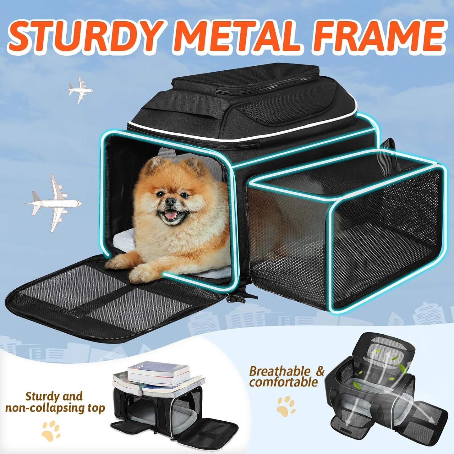 Petskd Top and Side Expandable Pet Carrier 17x12x8.5 Inches JetBlue Frontier Spirit Airline Approved, Soft-Sided Carrier for Small Cats and Dogs with Locking Safety Zipper and Anti-Scratch Mesh(Black)