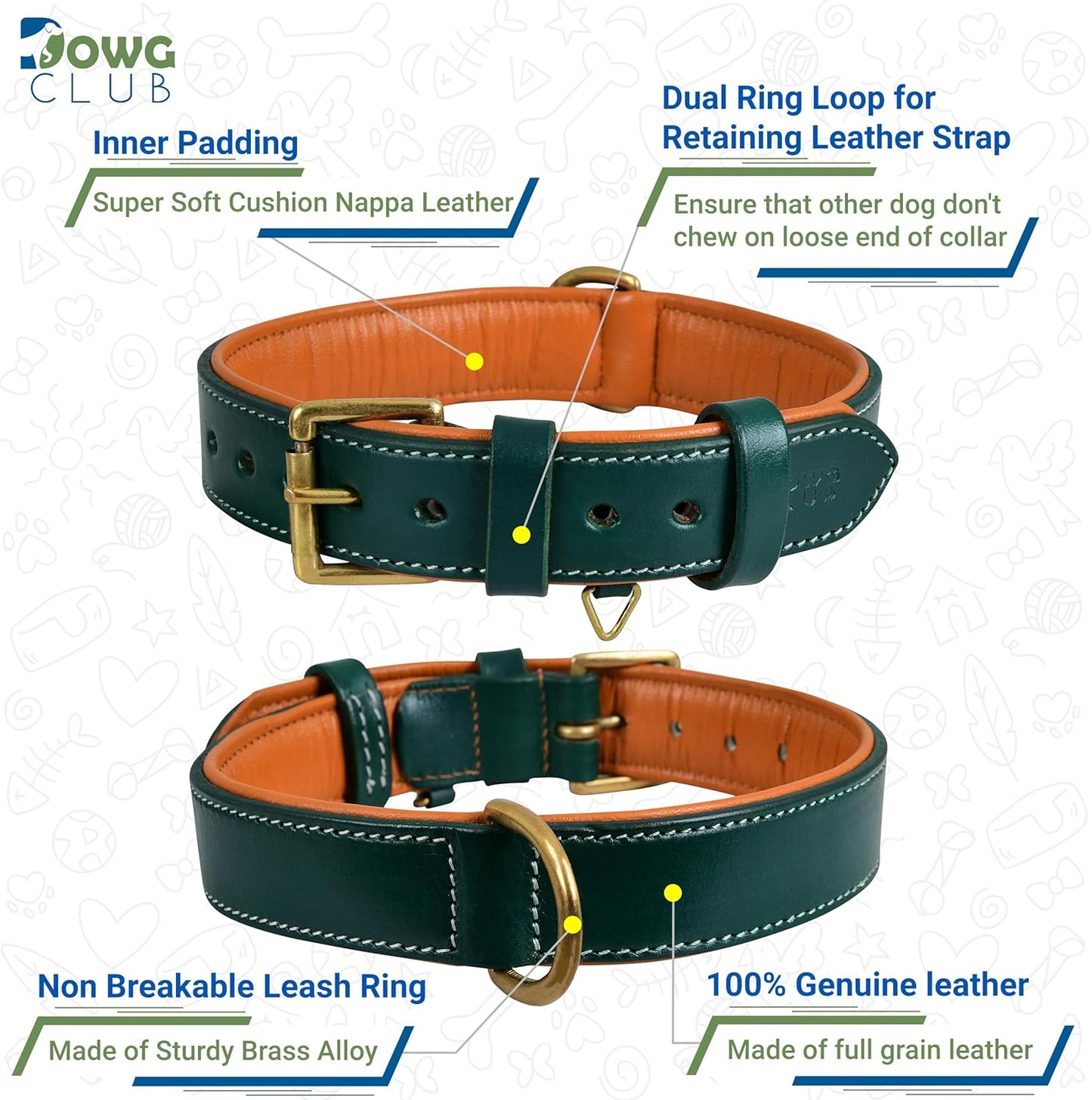 DowgClub | Genuine Leather Dog Collar | Full Grain, Heavy Duty | Comfortable, Strong | Best for Pups, Small, Medium & Large Breeds | Pink, Brown, Black, Tan