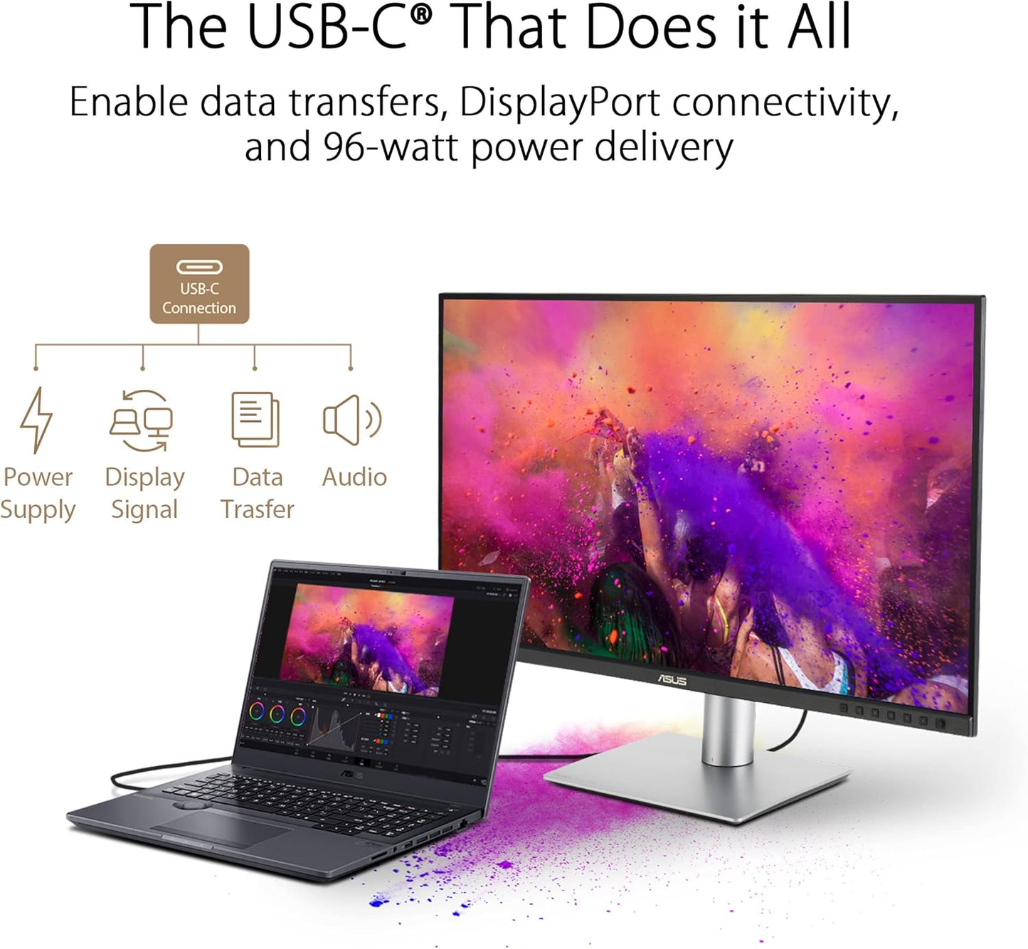 ASUS ProArt Display 27" Monitor PA278CV - WQHD (2560 x 1440), IPS, 100% sRGB, 100% Rec. 709, ΔE < 2, Calman Verified, USB Hub, USB-C, DisplayPort Daisy-Chaining, HDMI, Eye Care, Height Adjustable , BLACK/SLIVER