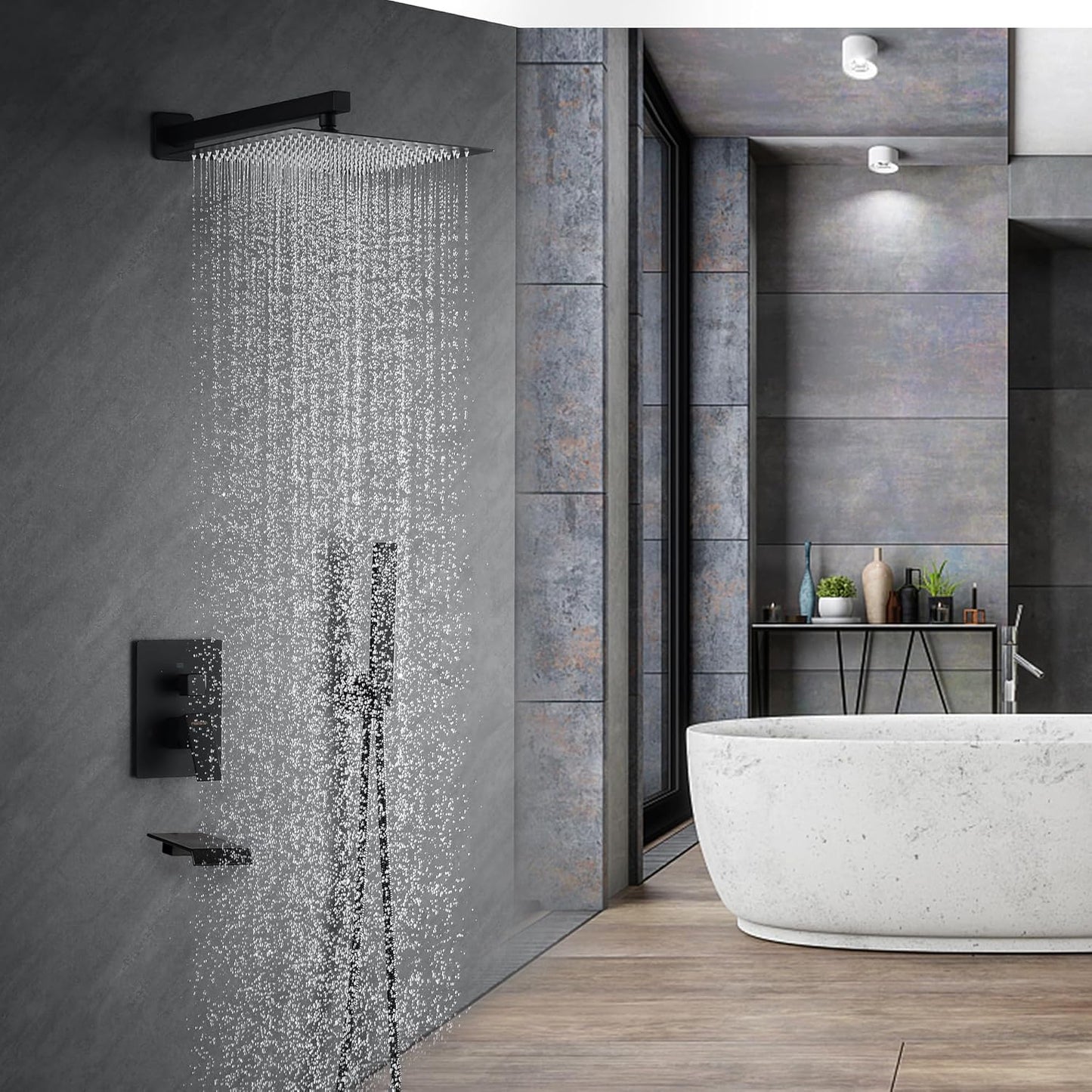 Fransiton Shower System Rain Shower System Set Ceiling Mounted, Rainfall Shower Head with Handheld, Bathroom Shower Kit (Valve Included) (8" - Wall Mount, Matte Black)