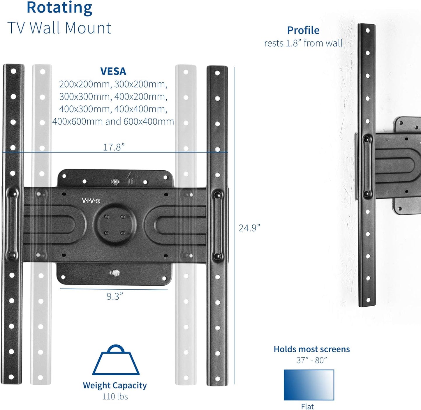 VIVO Landscape to Portrait TV Wall Mount for 37 to 80 inch Flat Panel Screens, Heavy Duty Rotating Bracket, Max VESA 600x400, Black, MOUNT-VW080P