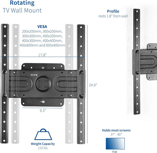 VIVO Landscape to Portrait TV Wall Mount for 37 to 80 inch Flat Panel Screens, Heavy Duty Rotating Bracket, Max VESA 600x400, Black, MOUNT-VW080P - PuriLite