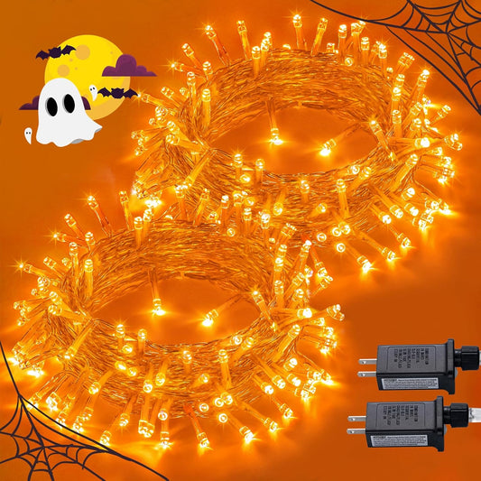 JMEXSUSS 2 Pack 100 LED Orange Halloween Lights Outdoor, 33ft Connectable Orange String Lights for Halloween Indoor with 8 Modes, Clear Wire Fall Lights Plug in for Thanksgiving Christmas Decorations