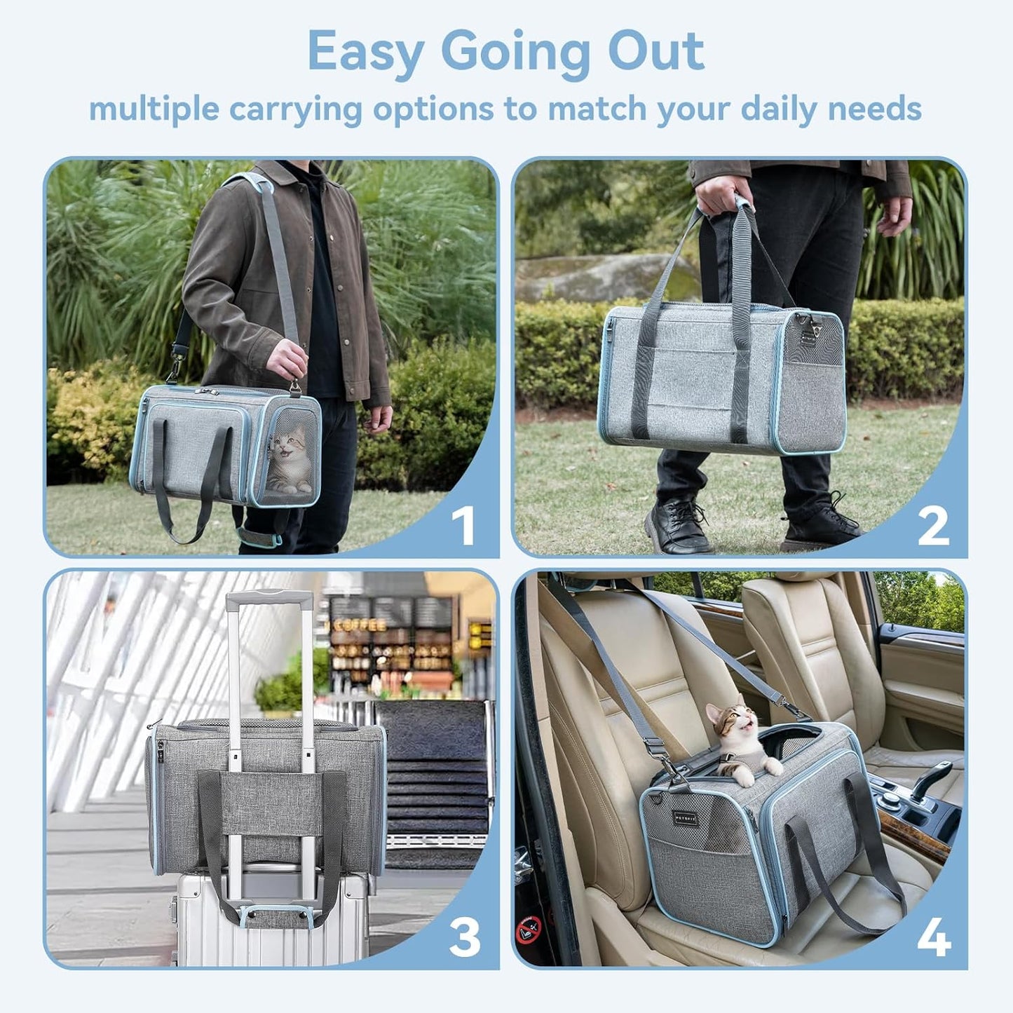 Petsfit Expandable Cat Dog Carrier Airline Approved, 17" L x 11" W x 11" H Soft-Sided Portable Pet Travel Carrier for Kitten, Puppy, Removable Soft Plush Mat and Pockets, Auto-Locking Zippers