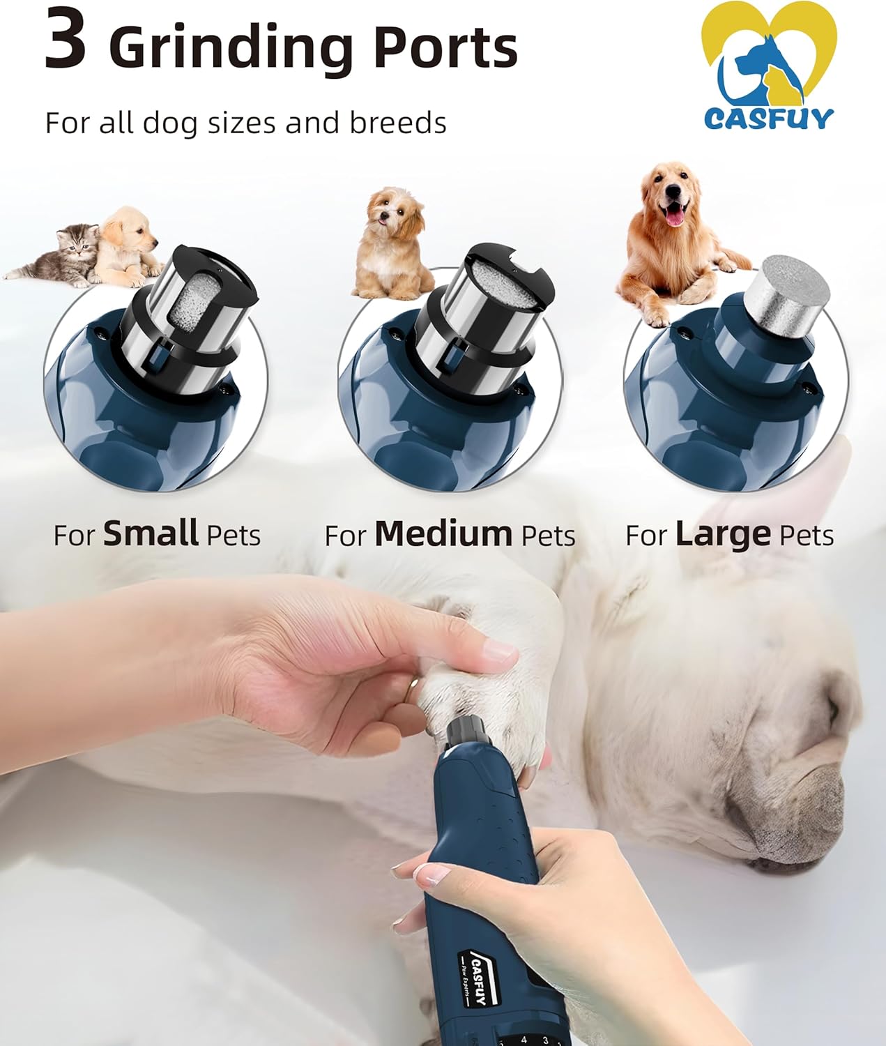 Casfuy Dog Nail Grinder Quiet - (45db)6-Speed Pet Nail Grinder with 2 LED Lights for Large Medium Small Puppy Dogs/Cats, Professional 3 Ports Rechargeable Electric Dog Nail Trimmer with Dust Cap(Blue)