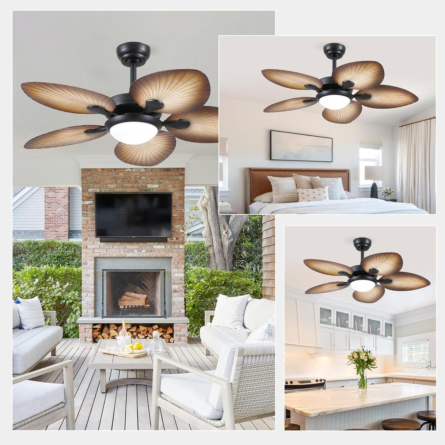 Wiviniya Ceiling Fans with Lights and Remote/APP Control, 44 Inch Tropical Palm Leaf Ceiling Fan with LED Lights, Outdoor Ceiling Fans for Patios Porch, Reversible Quiet Motor, Dimmable, Light Brown