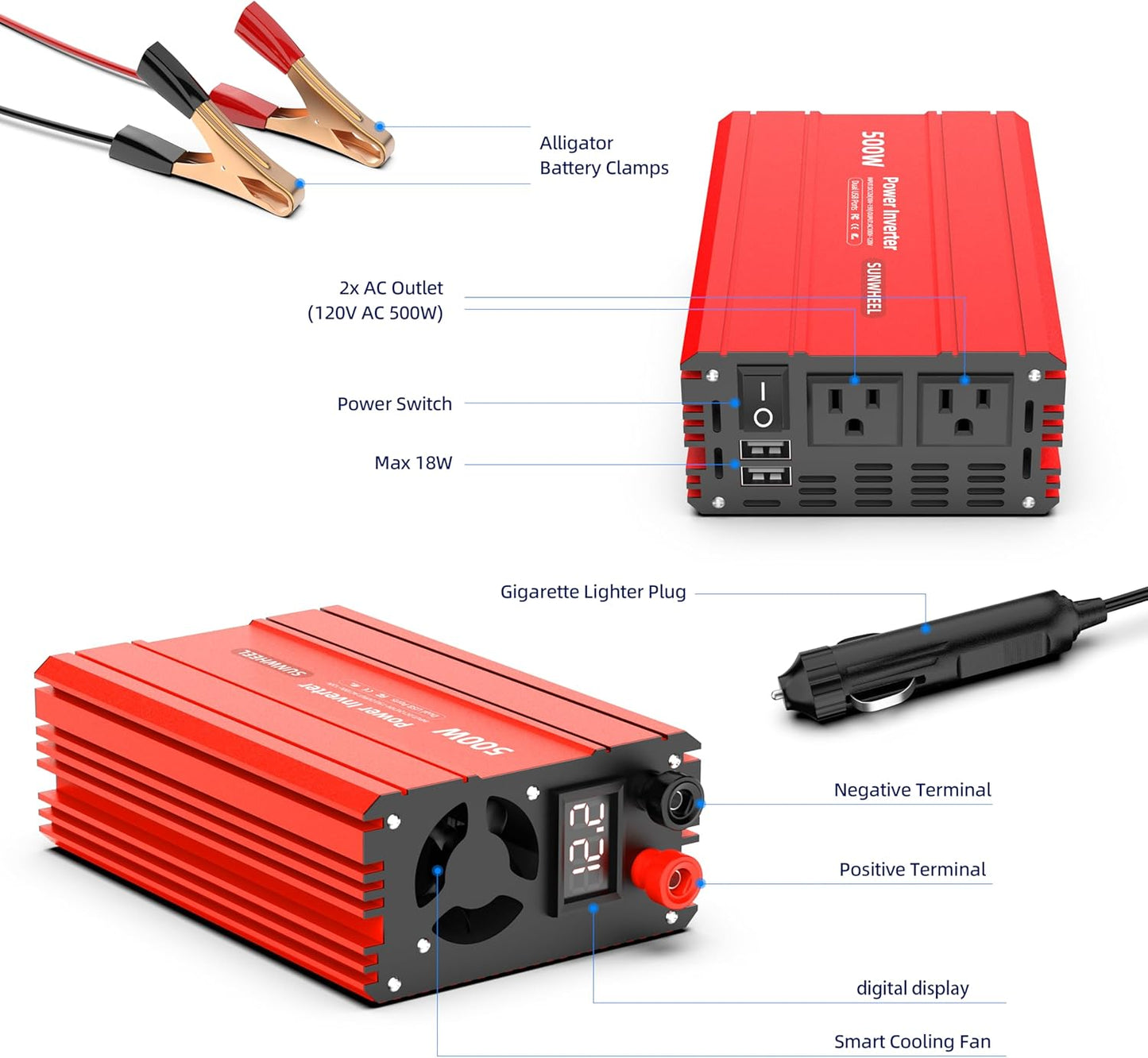 SUNWHEEL 500W Power Inverter DC 12V to 110V AC Car Inverter with 2 x 3.1A USB Ports and Dual AC Outlet, Equipped with 1 Cigarette Lighter and 2 Battery Clamps for Road Trip and Camping