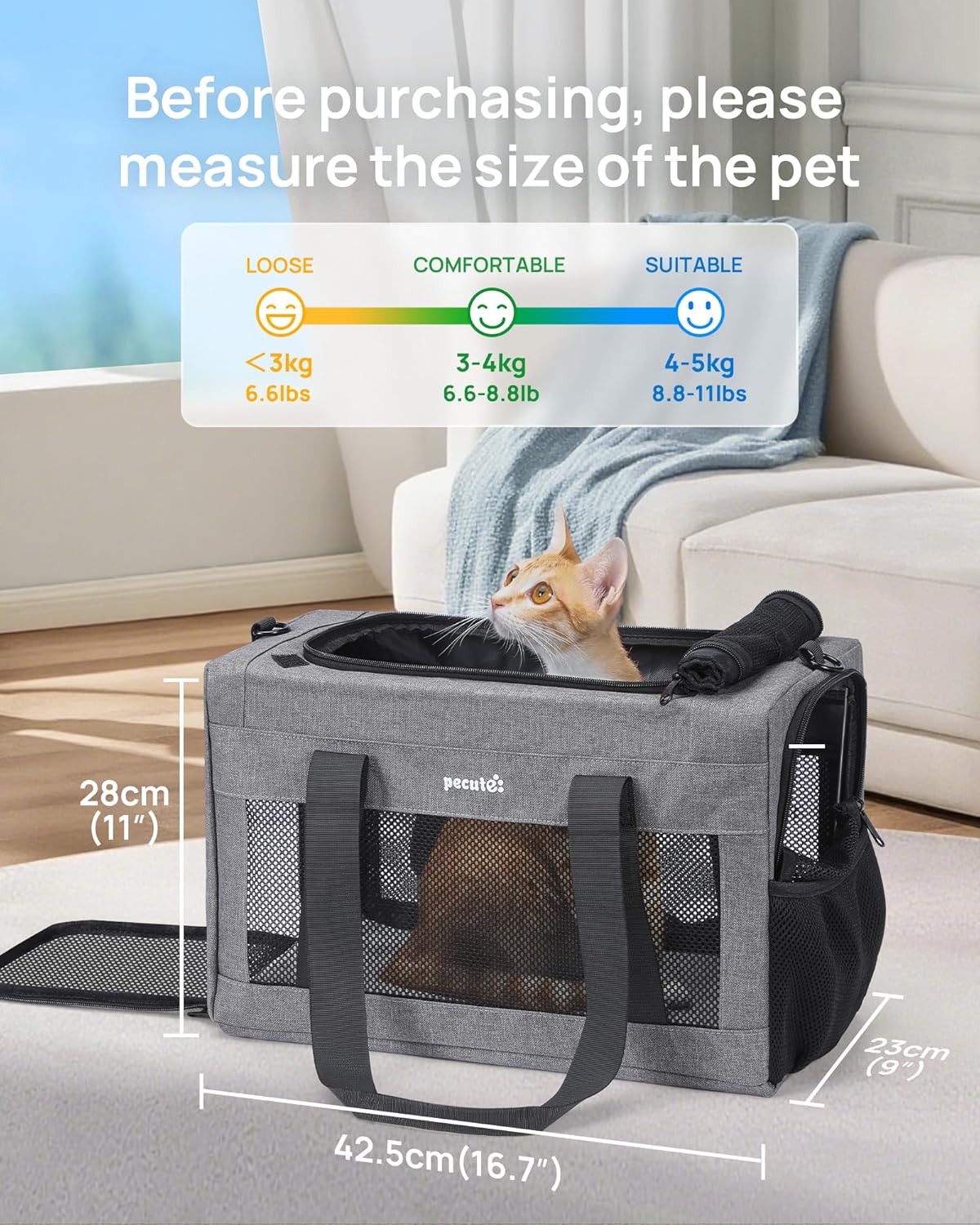 Pecute Cat Carrier Airline Approved, Thickened 5mm Steel Wire Frame, Stable Dog Carrier for Small Dogs, Breathable Foldable Pet Carrier with Sunshade, Suitable for Pets up to 5kg/11lbs (Dark Gray)