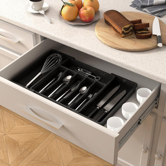 Lifewit Extra Large Cutlery Organizer – Expandable Adjustable Silverware Drawer Organizer with 8 Compartments for Forks, Spoons, Knives, and Kitchen Utensils, Black