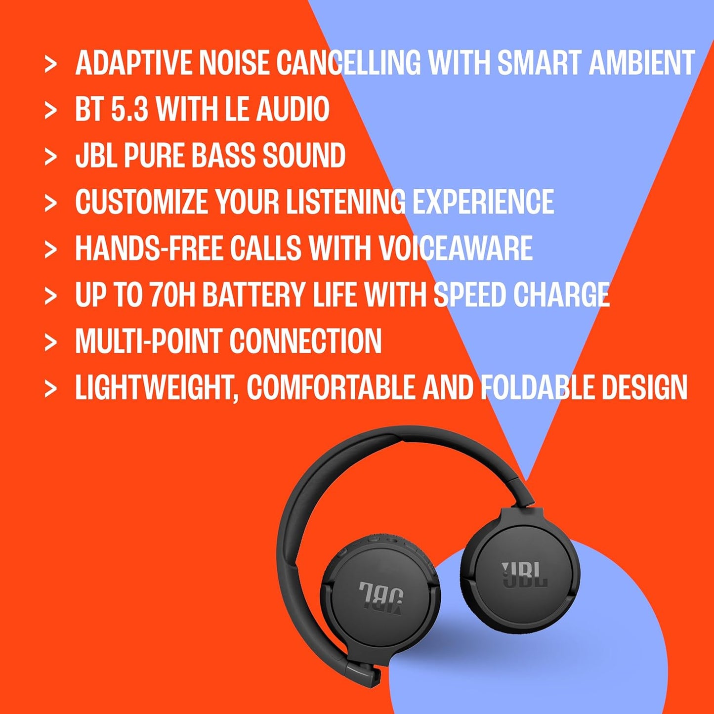JBL Tune 670NC - Adaptive Noise Cancelling with Smart Ambient Wireless On-Ear Headphones, Up to 70H Battery Life with Speed Charge, Lightweight, Comfortable and Foldable Design (Black)