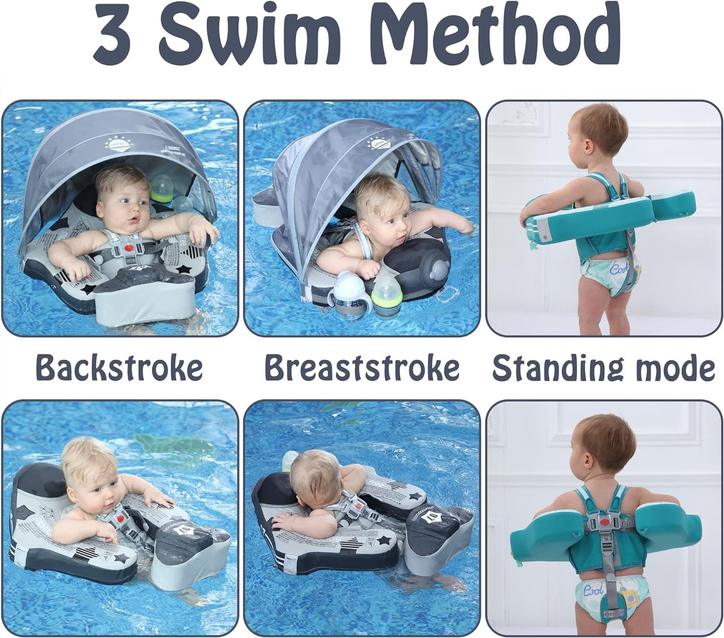Mambobaby Baby Swim Float with Canopy, Non-Inflatable Solid Baby Float, Upgrade Soft Skin-Friendly Material Infant Swim Float