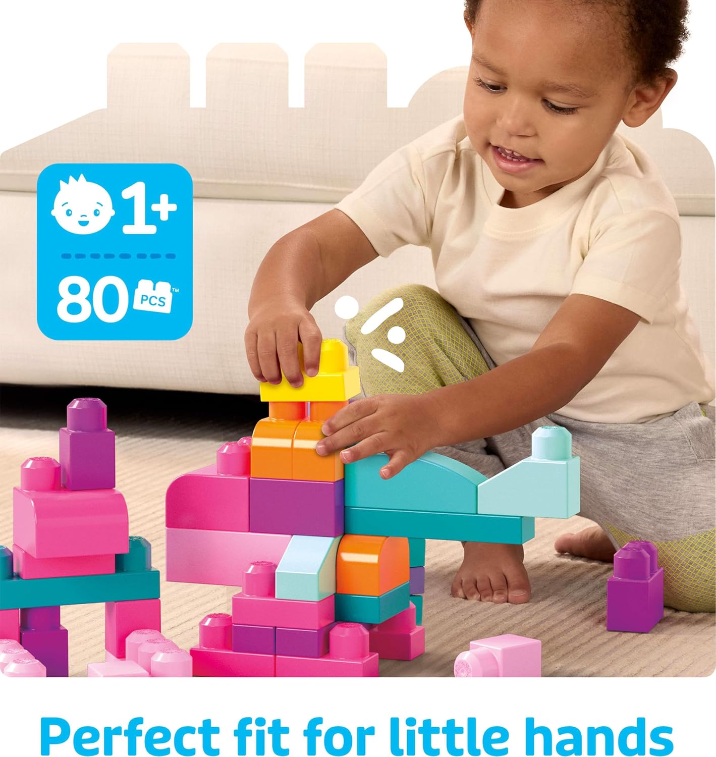 MEGA BLOKS First Builders Toddler Blocks Toys Set, Big Building Bag with 80 Pieces and Storage, Blue, Ages 1+ Years