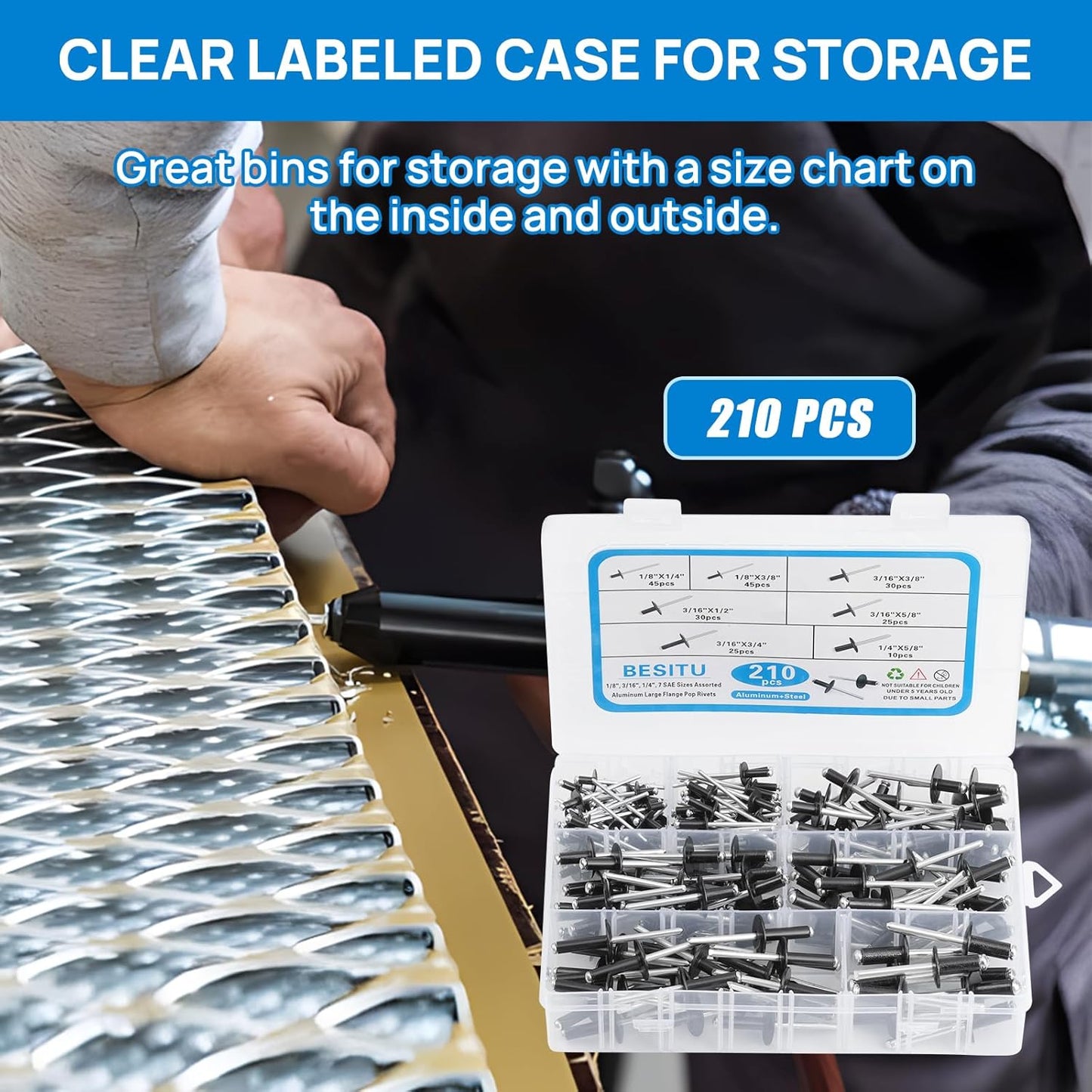 Besitu 210Pcs Pop Rivets Assortment Kit, 1/8" 3/16" 1/4" Large Flange Solid Rivets Set Aluminum Grip Stainless Steel Mandrel Blind Rivets for Metal Heavy Duty