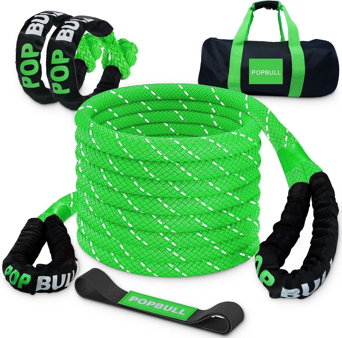 Kinetic Recovery Rope,(1in x 30ft Green) 48,500lbs Snatch Strap, Heavy Duty Stretch Nylon Towing Ropes with 2pcs Soft Shackles for Offroad Vehicle, Jeep, SUV, ATV, Tractor Elastic Ropes Kit