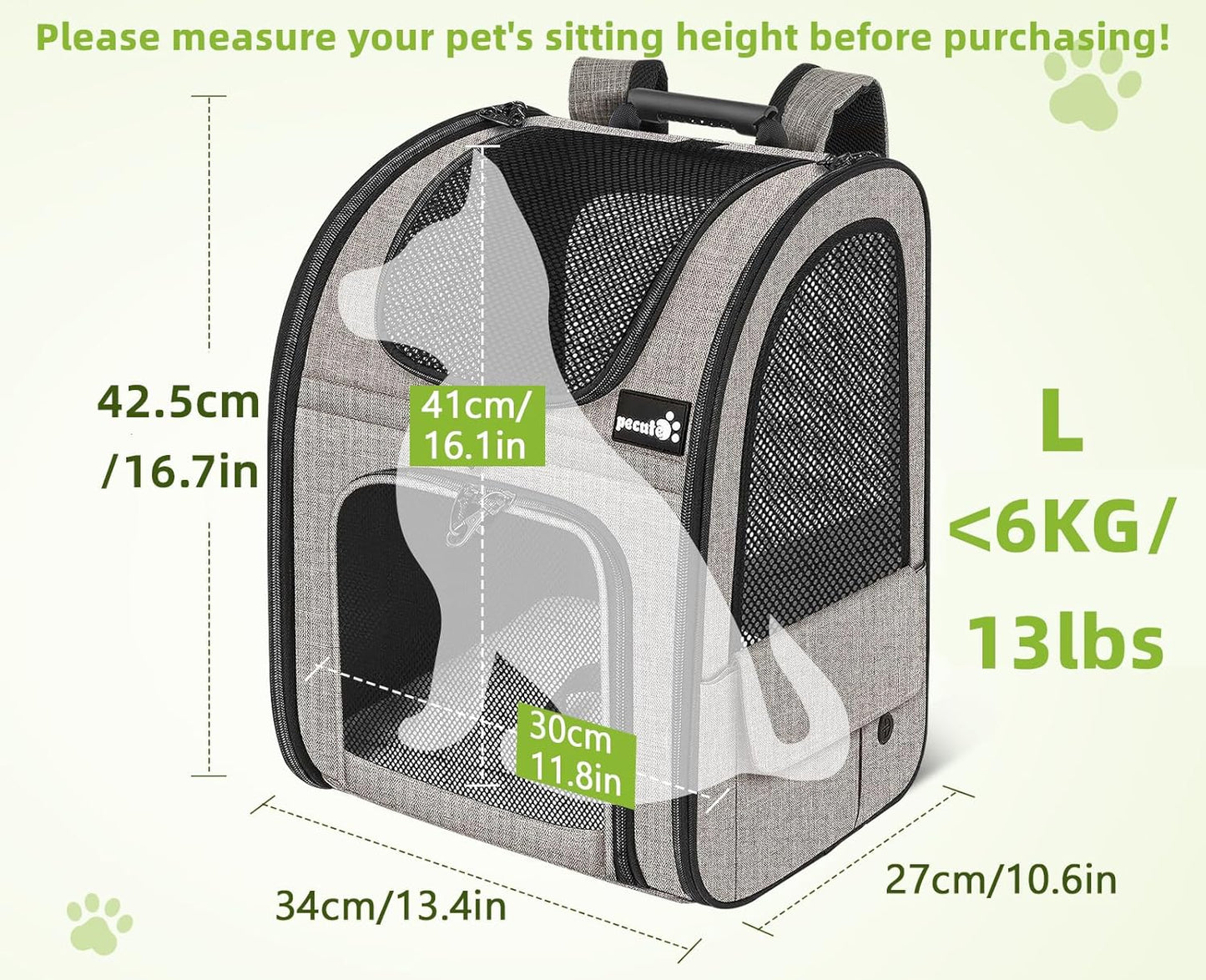 Pecute Pet Carrier Backpack, Dog Carrier Backpack Expandable with Breathable Mesh for Pets <6kg, Pet Backpack Carrier for Hiking Travel Camping Outdoor