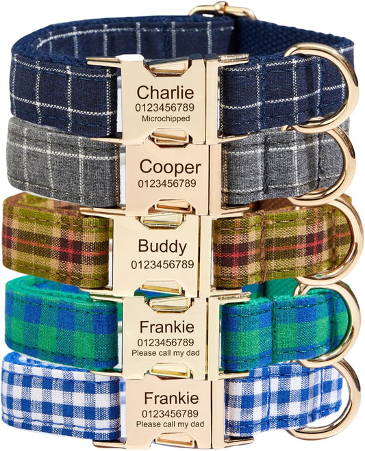 Custom Engraved Dog Collar with Name and Phone Number, Personalized for Small, Medium, and Large Dogs (Plaid) - PuriLite