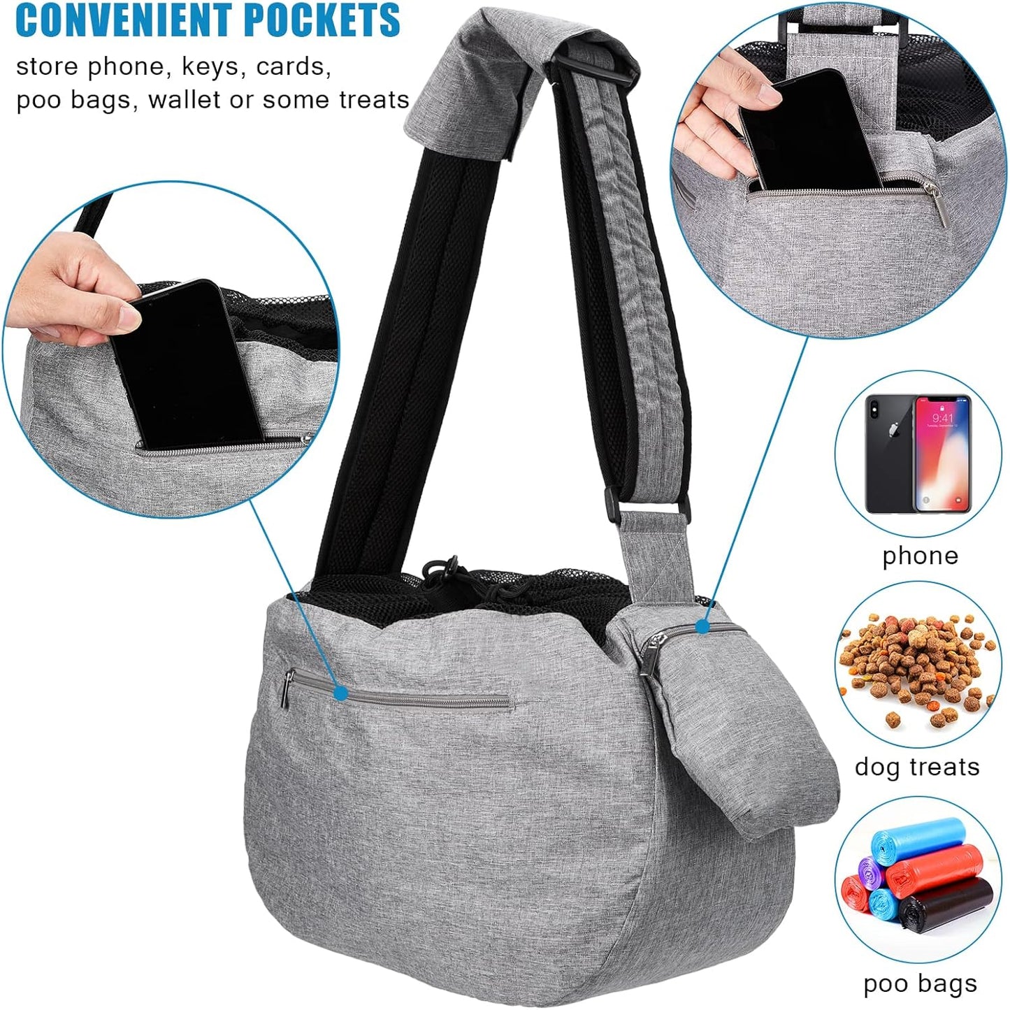 Ownpets Pet Dog Sling Carrier Bag Adjustable Padded Strap Dog Hand Free Safe Mesh Pet Carrier for Small Medium Dog Cat, Fit 10lbs up to 20 Pounds