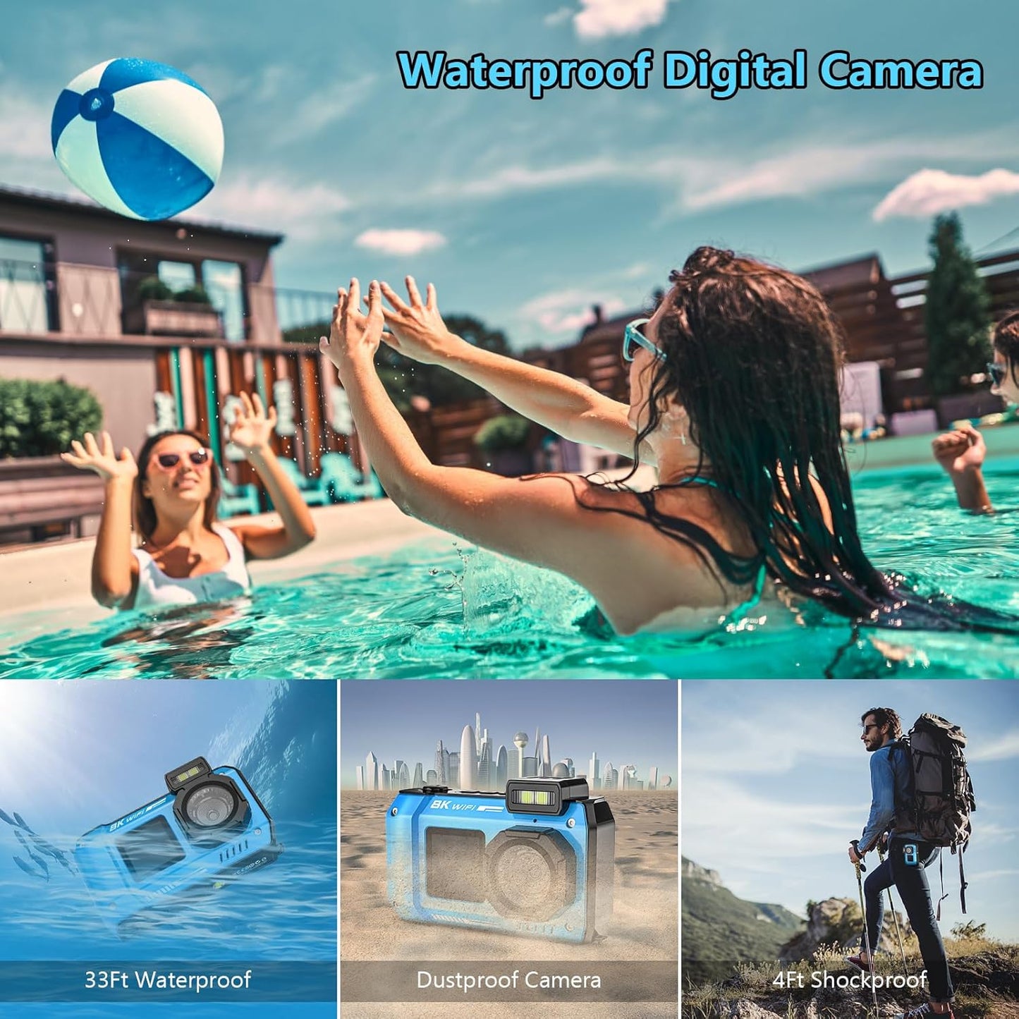 UHD 8K Underwater Camera, 70MP 33FT WiFi Waterproof Digital Camera with 64GB Card, Auto Focus Waterproof Dual-Screen Selfie 2500mAh Battery, 18X Floatable Digital for Snorkeling