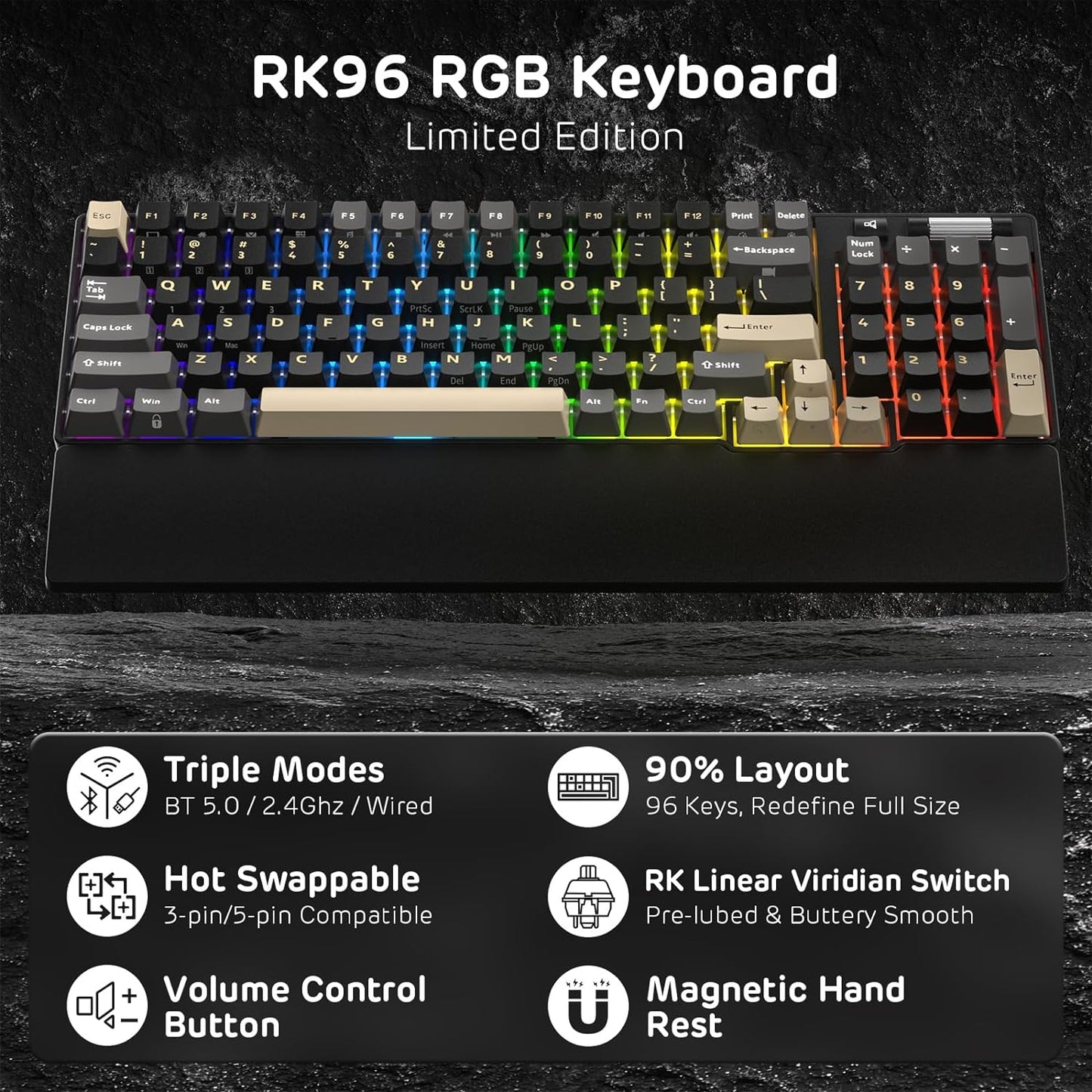 RK ROYAL KLUDGE RK96 RGB Limited Ed, 90% 96 Keys Wireless Triple Mode BT5.0/2.4G/USB-C Hot Swappable Mechanical Keyboard w/Wrist Rest, Software Support, Linear Viridian Switches, MARRS Green
