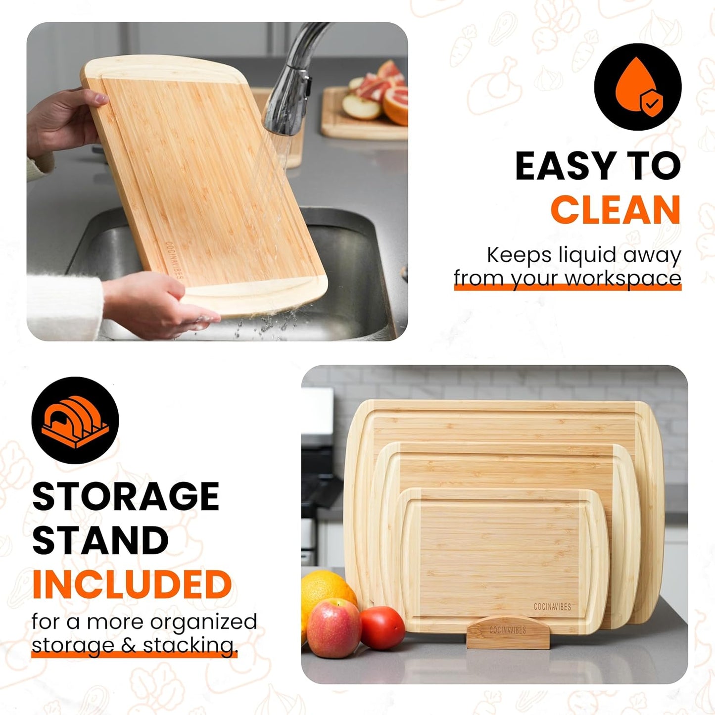 Bamboo Cutting Board Set – Non-Toxic Charcuterie & Chopping Boards for Kitchen, Large & Small Sizes, Safe Cutting Boards for Meat, Cheese, Pizza – Home & Kitchen Gift Idea